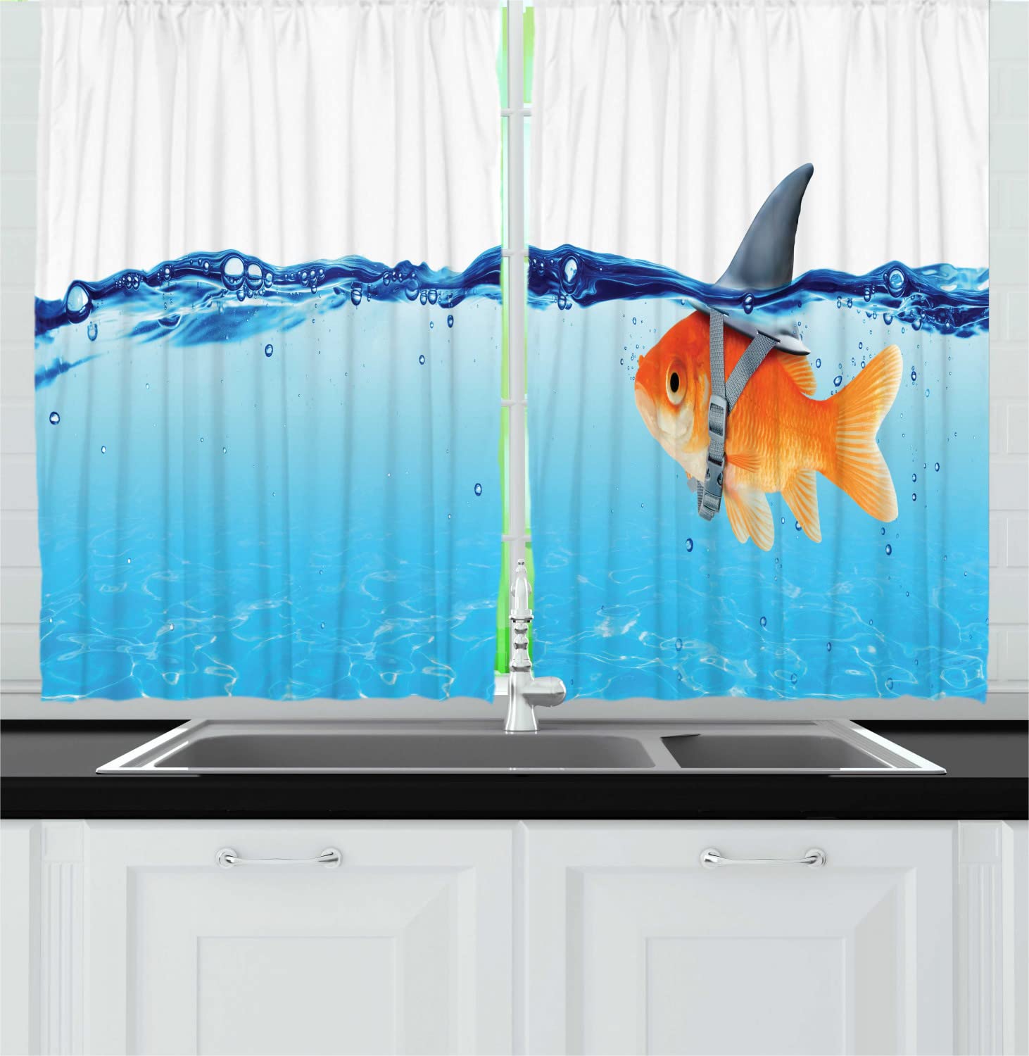 Ambesonne Goldfish Kitchen Curtains - Small Fish with Big Shark Business Concept, 2 Panel Rod Pocket Drapes 55