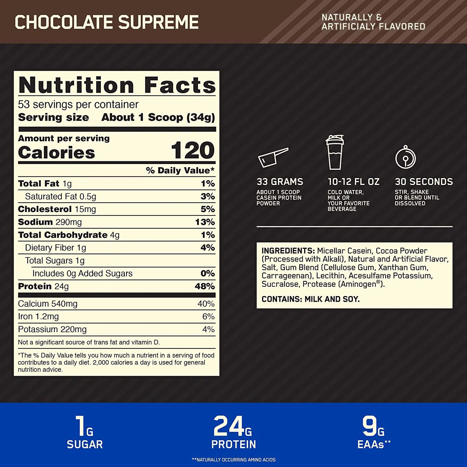 Optimum Nutrition Gold Standard 100% Casein Protein Powder - Slow Digesting Muscle Recovery Supplement for Nighttime Use & Post-Workout - Chocolate Flavor (2 lbs)