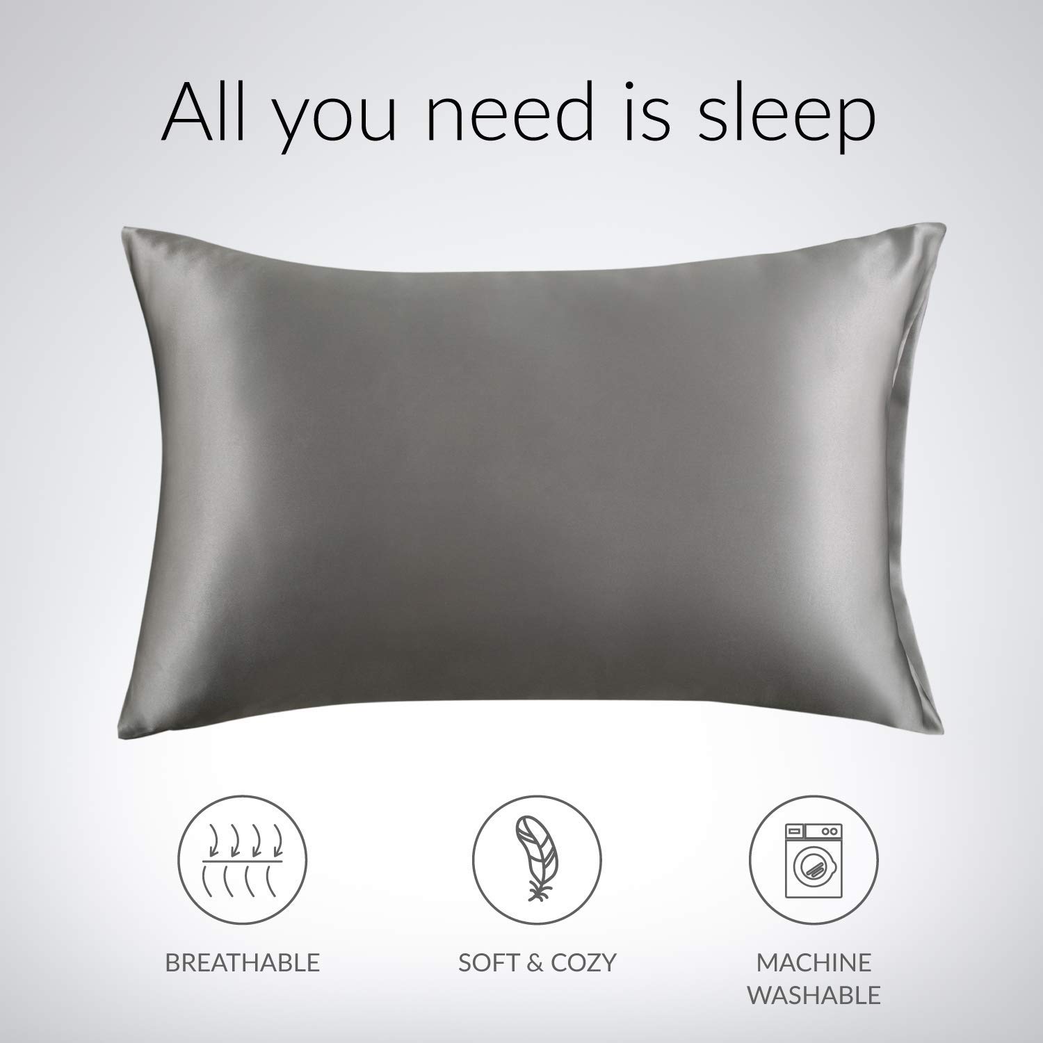Luxury Satin Pillowcase for Hair and Skin Care - 2 Pack Super Soft Cooling Pillow Covers (26x26 Inches) with Envelope Closure - Dark Grey for Bedroom & Travel