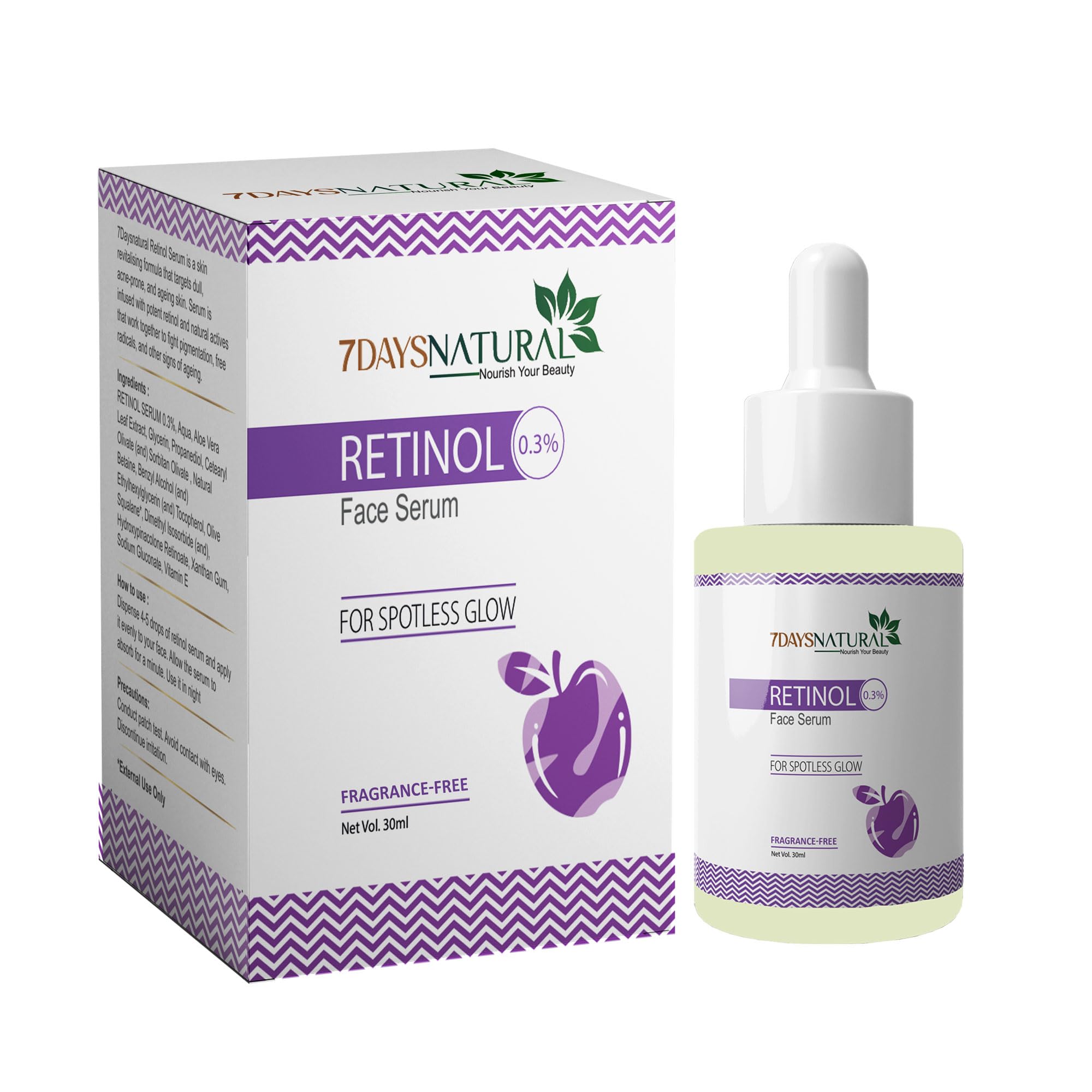 7 DAYS Natural 0.3% Retinol Face Serum for Glowing Skin - Anti-Aging Night Serum with Niacinamide & Hyaluronic Acid - Hydrating & Brightening Treatment for Men & Women (30ml) - Perfect for Nighttime Skincare Routine & Reducing Fine Lines