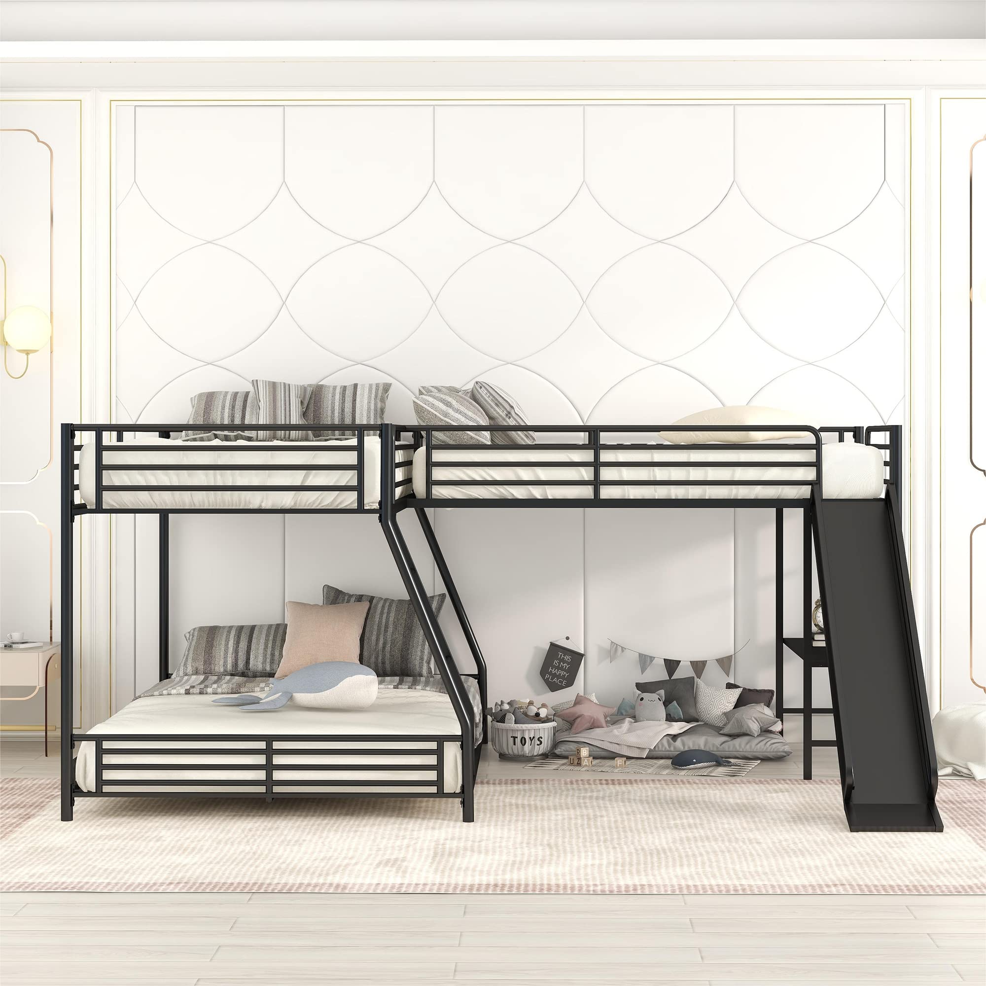 SOFTSEA Twin Over Full L-Shaped Bunk Bed with Twin Loft Bed - Heavy Duty Triple Metal Bunk Bed Frame with Built-in Desk & Slide - Space-Saving 3-Person Bunk Bed in Black - Perfect for Kids' Bedrooms, Dorm Rooms & Small Spaces