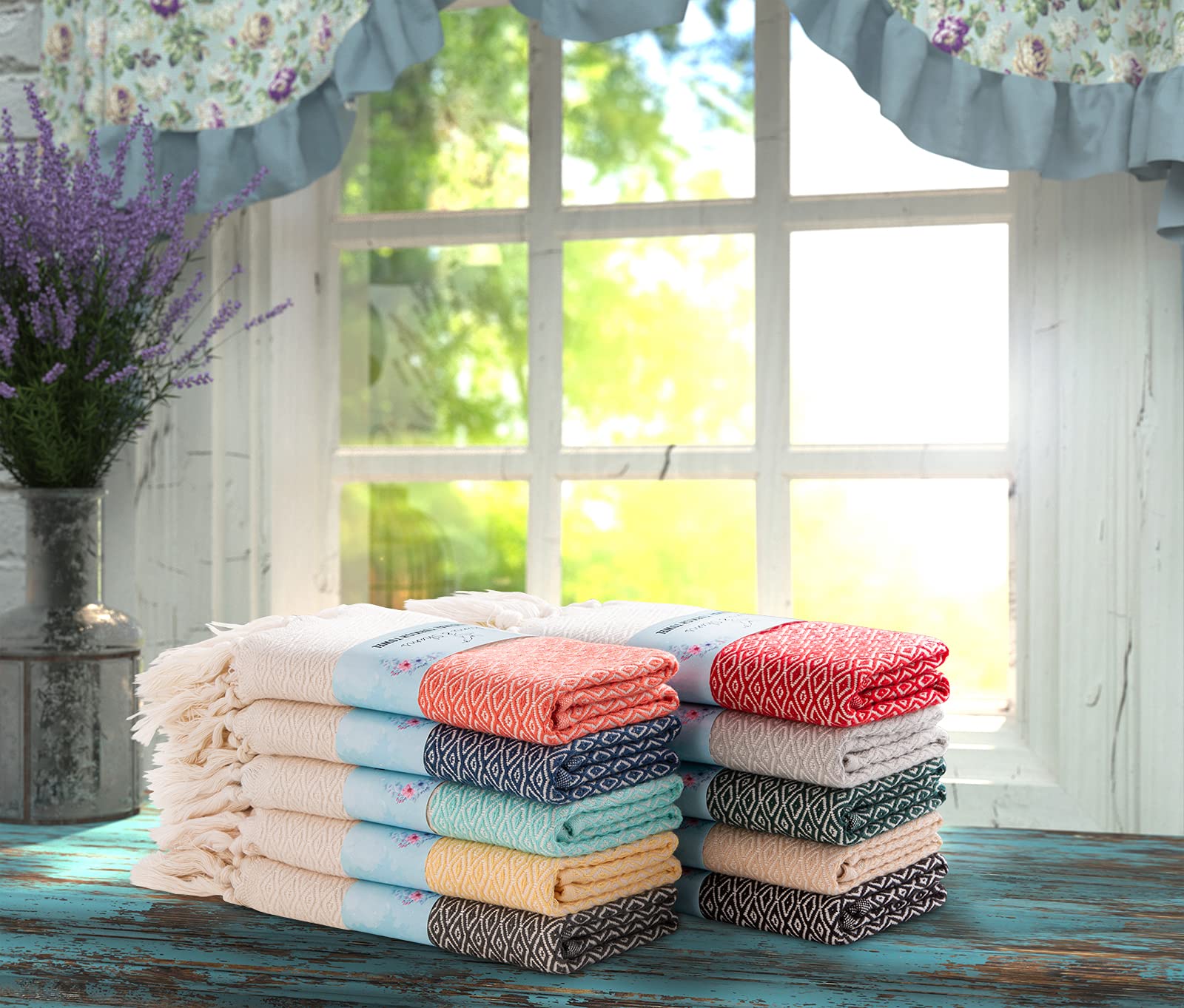 Rumi & Shams Turkish Farmhouse Boho Hand Towels Set of 2 - 16x32 Inches 100% Cotton Navy Blue - Perfect for Kitchen, Bathroom & Boho Home Decor