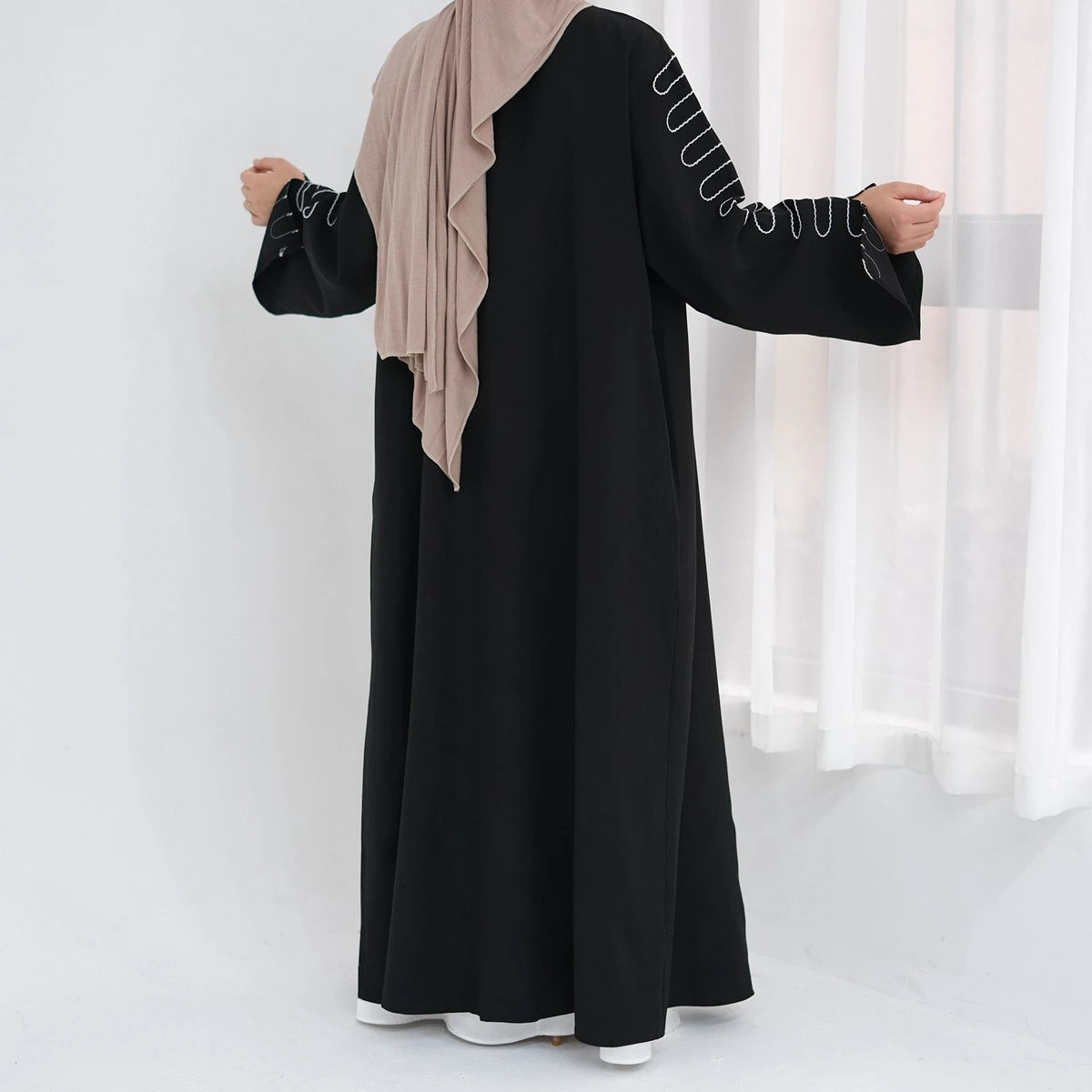 Urgarment Elegant Embroidery Sleeve Nida Cardigan Open Abaya Dress #24887 - Perfect for Muslim Women's Prayer, Mosque Wear & Modest Fashion Outfits