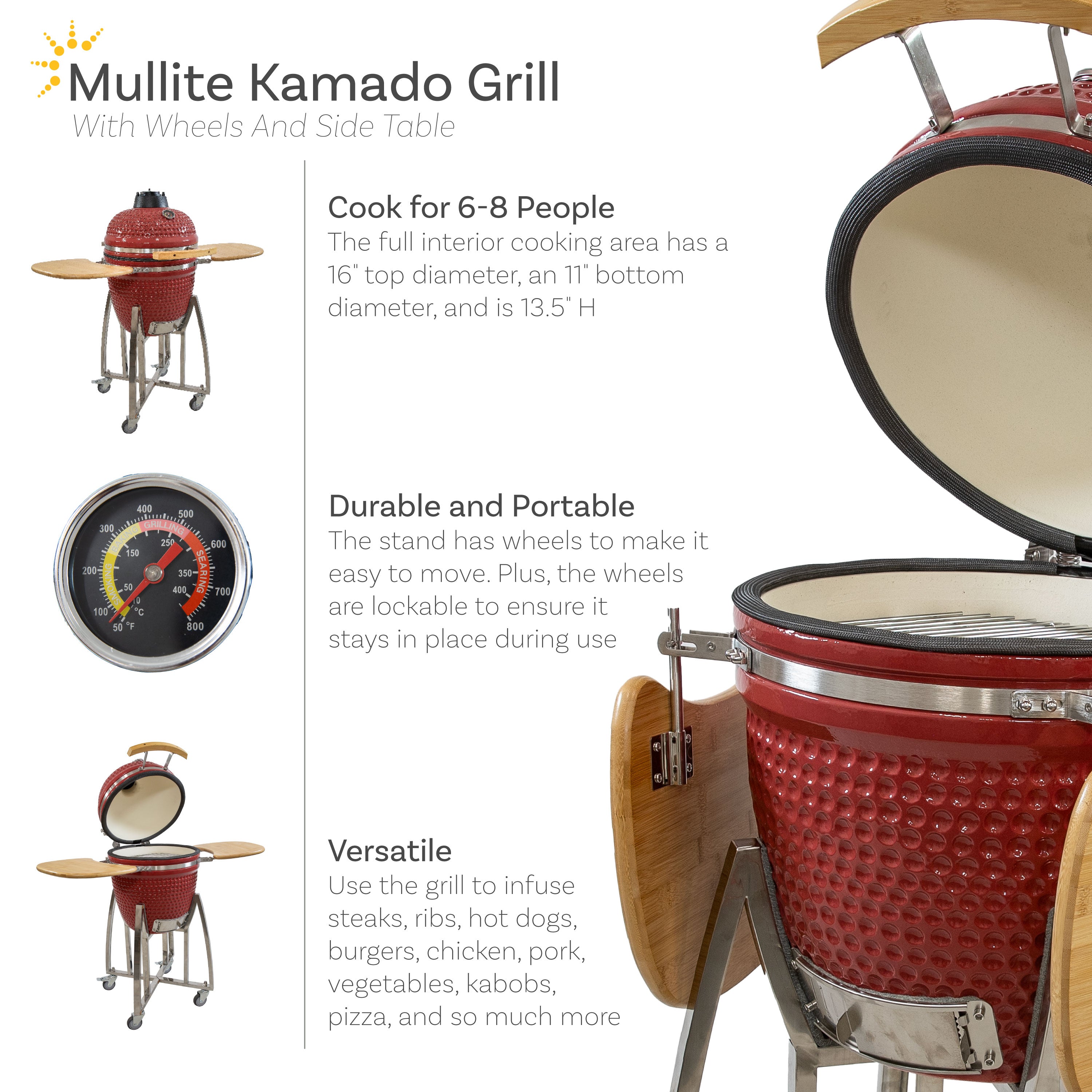 Premium Kamado Charcoal Grill & Smoker with Side Shelves & Wheels - Outdoor BBQ, Smoking, Grilling for Backyard, Patio & Camping