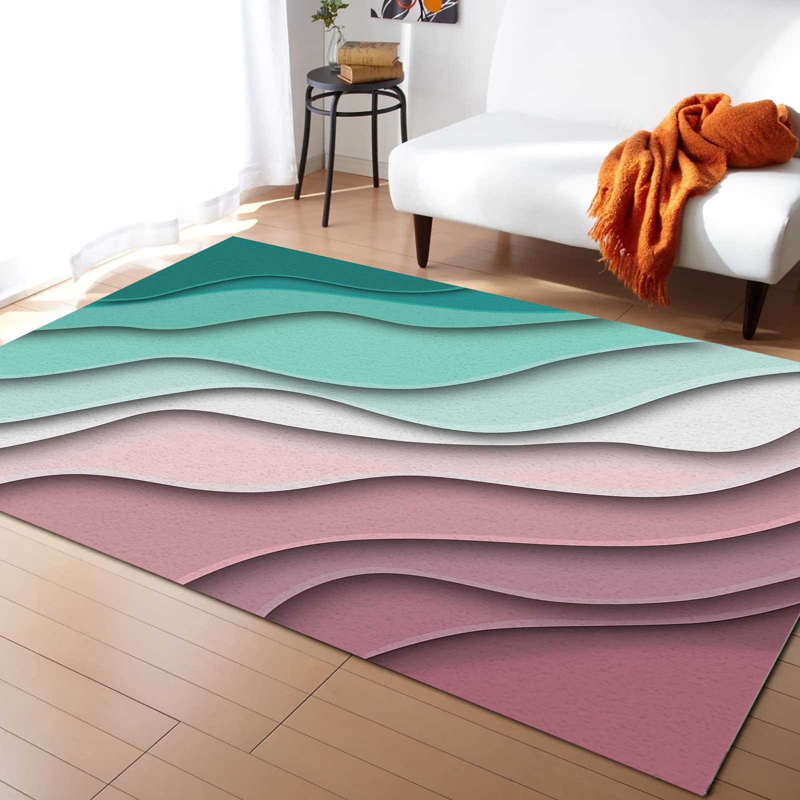 Modern Geometric Abstract Indoor/Outdoor Area Rug - Green Ombre & Dark Red Cream Washable Carpet for Bedroom, Living Room, Kitchen, Bathroom | 2'7