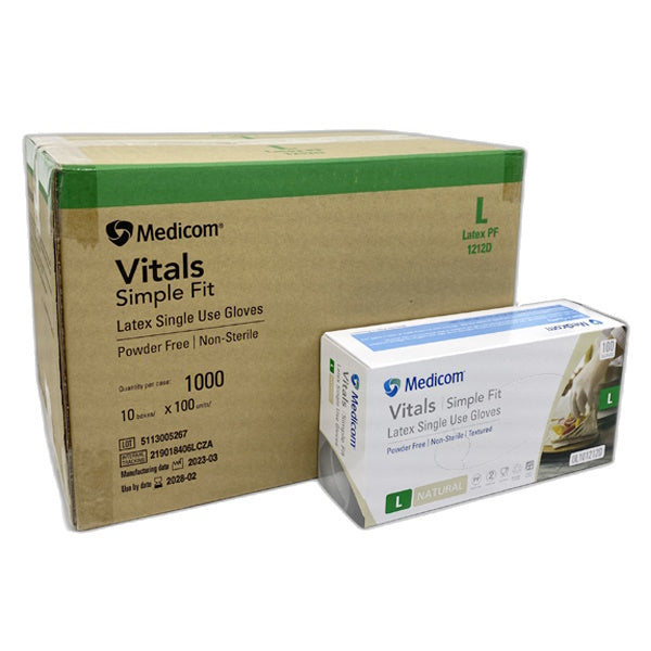 Medicom Vitals Latex Disposable Gloves - 100 Count Box, Powder Free & Clear for Medical, Dental, Food Service & Home Use | Latex Exam Gloves for Healthcare Professionals & Personal Protection