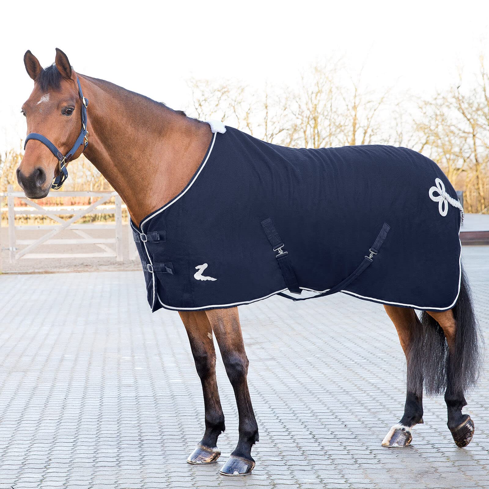 HORZE Millau Wool Blanket - Dark Blue - 84 Inch Warm & Cozy Horse Stable Blanket for Winter Riding & Outdoor Camping