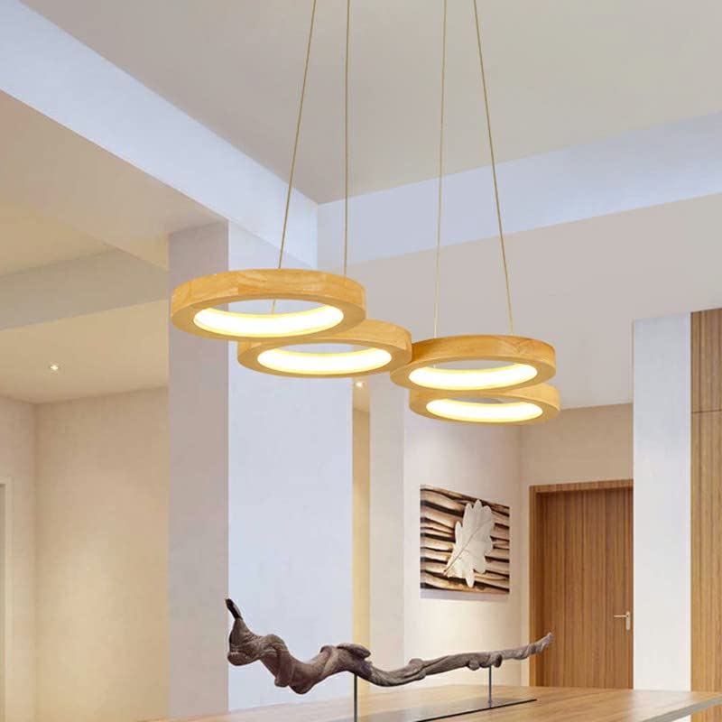 Dimmable LED Pendant Light with Wood & Acrylic Shade - Remote Control Stepless Dimming, 4 Rings, Modern Kitchen Island Lighting for Restaurants & Dining Rooms | Perfect for Home Decor & Commercial Spaces