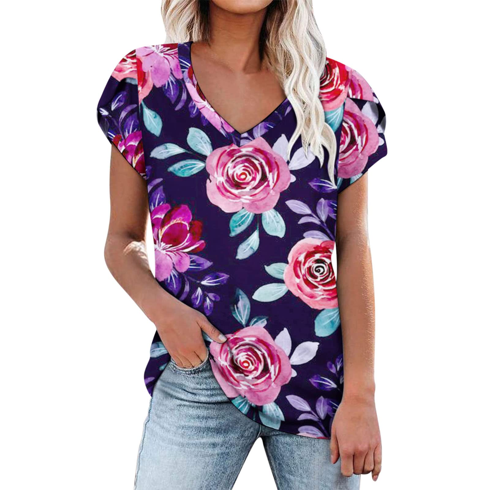 Women's Summer T-Shirts - Casual V-Neck Floral Print Short Sleeve Blouses with Petal Sleeves | Perfect for Beach Outings, Casual Wear & Summer Fashion