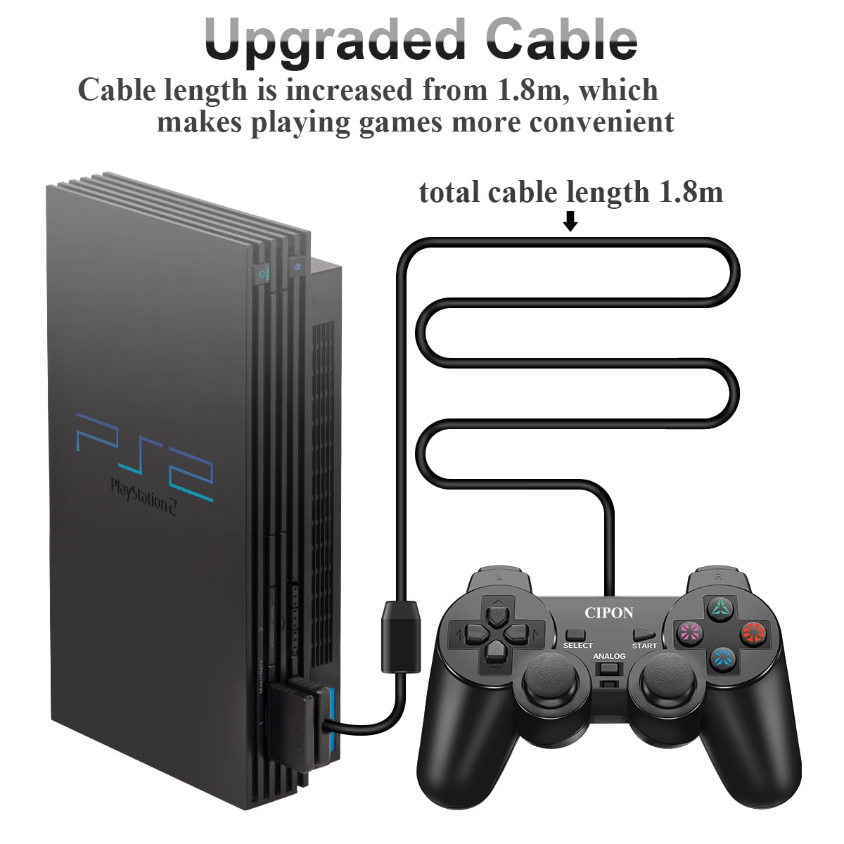 Cipon Wired PS2 Controller - Black Gamepad with 71 Inch Cable for PlayStation 2 Console | Perfect for Retro Gaming, Fighting Games & Multiplayer Sessions