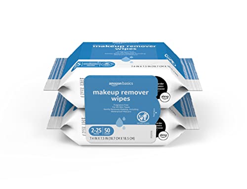 Amazon Basics Fragrance-Free Makeup Remover Wipes - 50 Count (2 Packs of 25) | Gentle Cleansing for Face & Eyes | Perfect for Travel, Gym & Daily Skincare Routine
