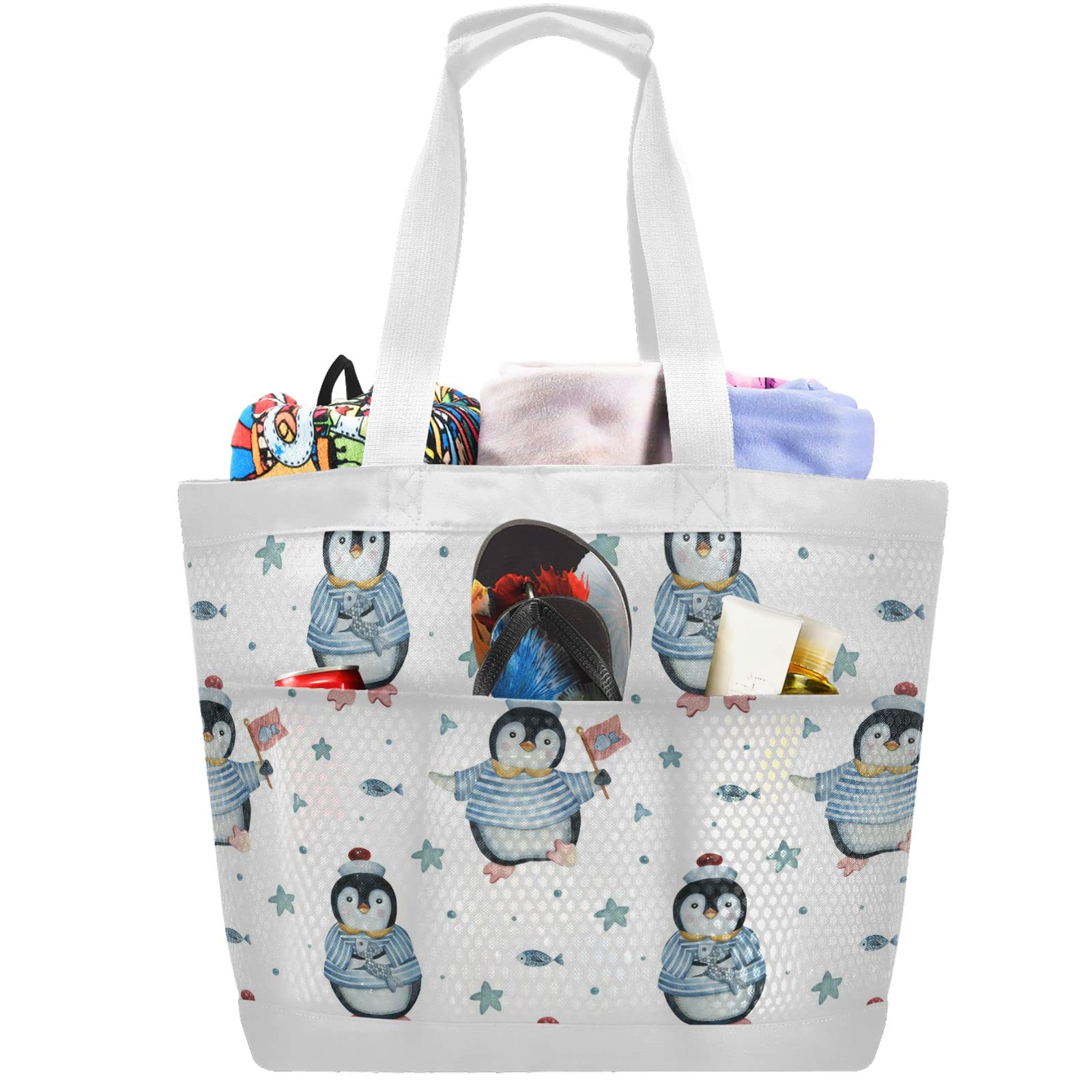 J JOYSAY Large Waterproof Mesh Beach Tote Bag - Sandproof Women's Shoulder Bag for Travel, Swimming, Picnic & Overnight Trips - Cute Penguin Design Beach Essentials for Summer Vacation