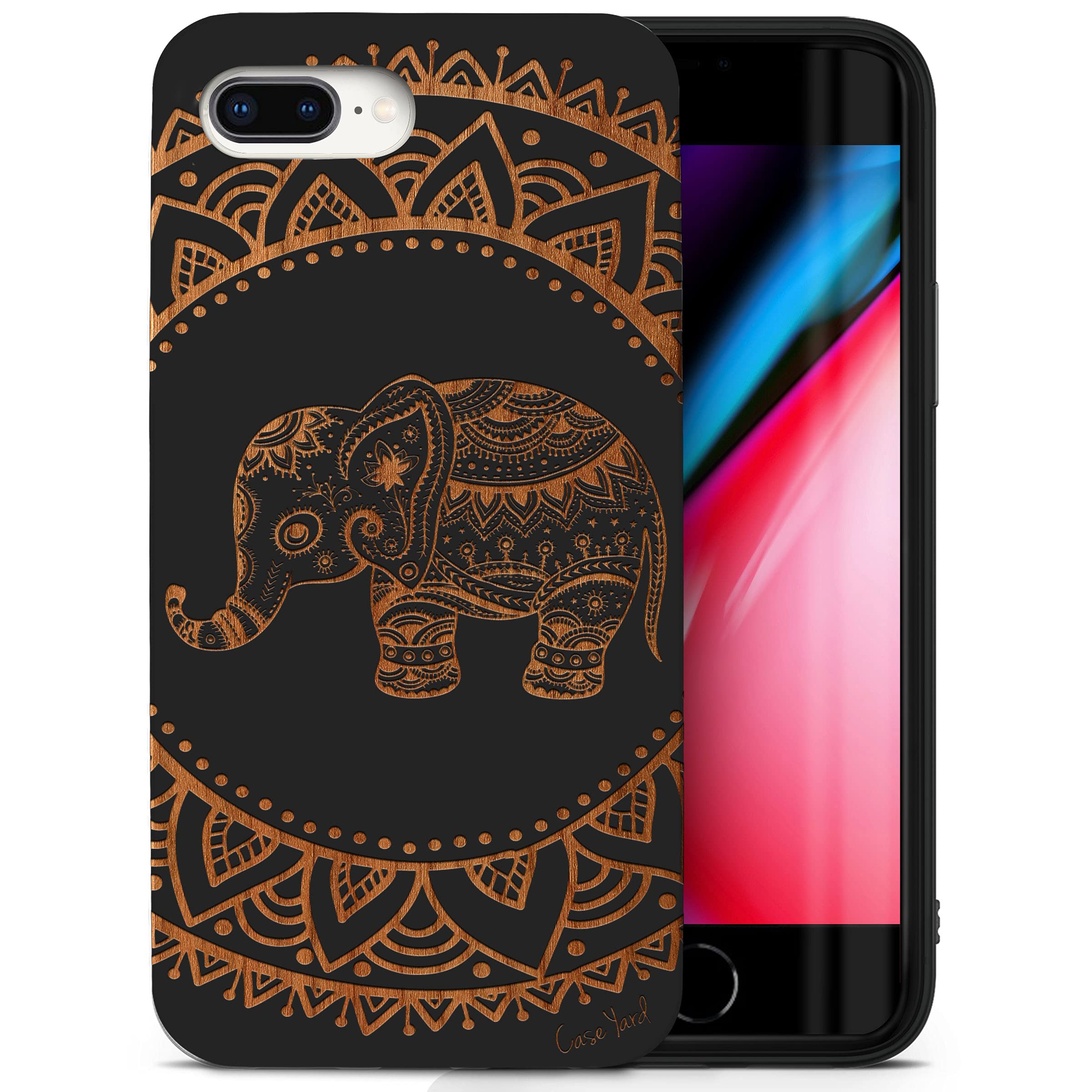 Wooden iPhone 8 Plus Case with Laser Engraved Elephant Mandala Design - Shockproof Slim Fit Protective Cover for Men & Women - Perfect for Outdoor Adventures, Travel & Daily Use