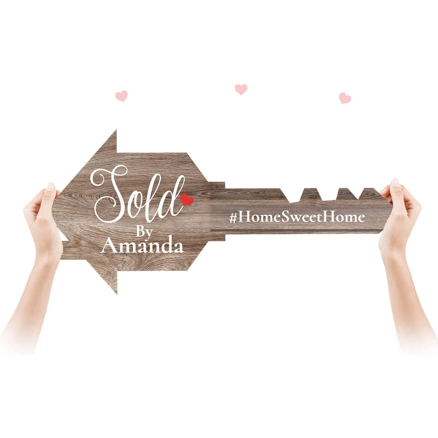 Custom Giant Gold Real Estate Sold Key Sign - Personalized Realtor Marketing Tool for House Closing - Brown Wooden Prop Size S - Perfect for Open Houses, Client Gifts & Social Media Promotion