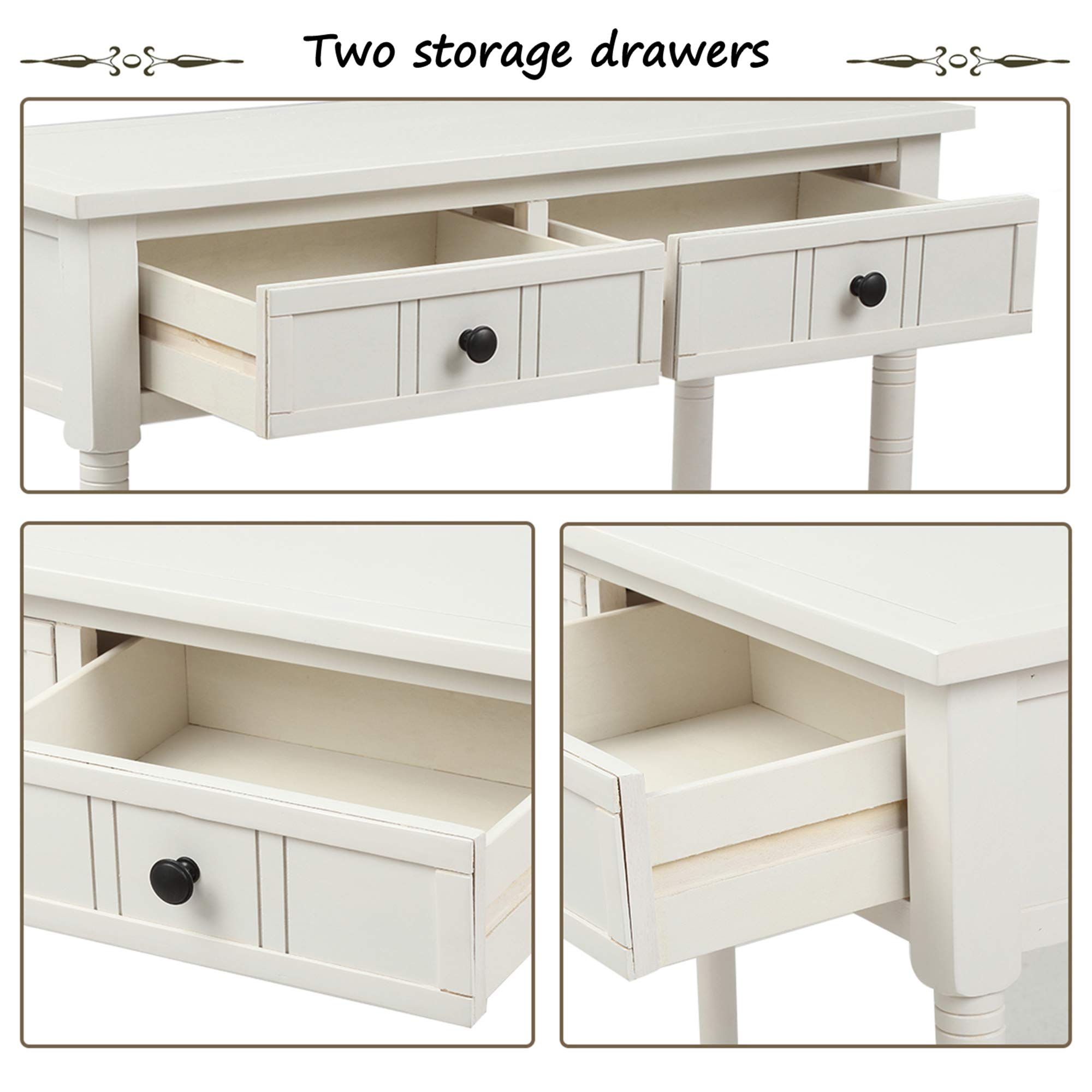 P PURLOVE Wooden Sofa Table with 2 Storage Drawers - Entryway Console Table for Living Room, Hallway & Bedroom - Ivory White Finish - Sturdy Side Table with Bottom Shelf for Home Decor