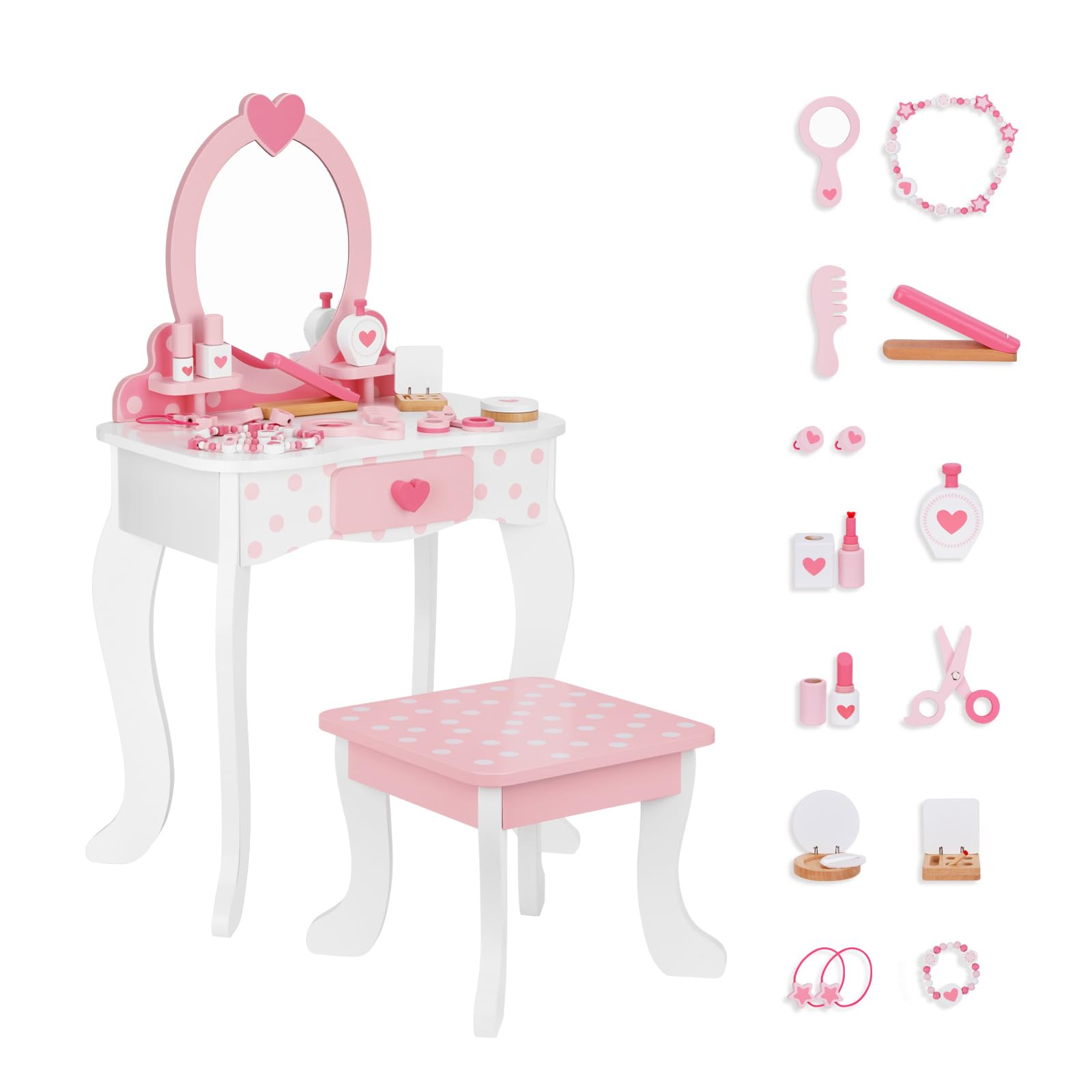 Pink Kids Vanity Set with Mirror & Storage Drawer - 15-Piece Makeup Dressing Table & Chair Set for Girls - Perfect for Pretend Play, Birthday Gifts & Bedroom Decor