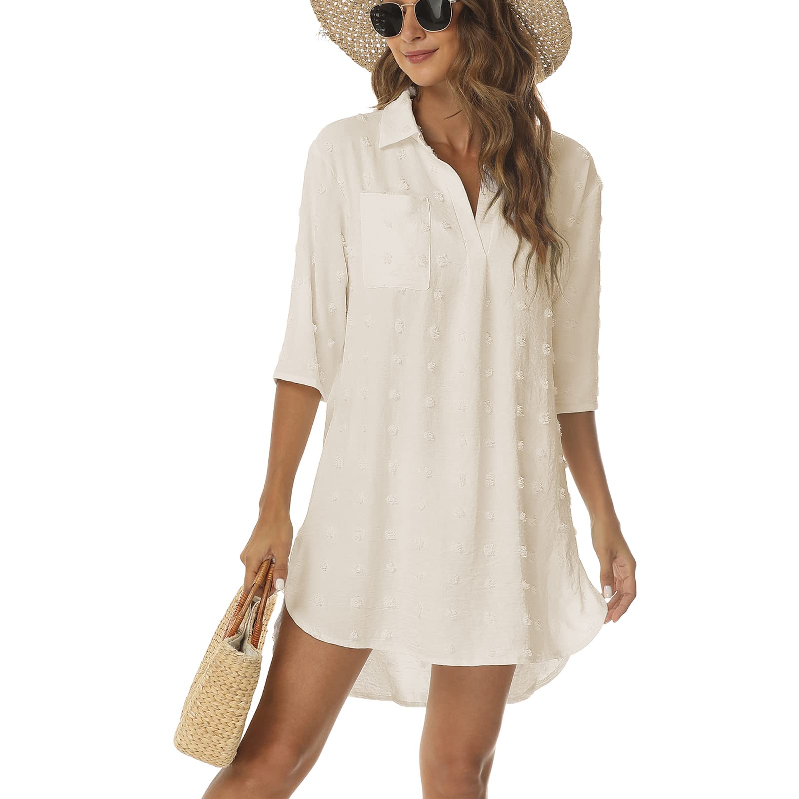 Women's 3/4 Sleeve Beach Cover Up Dress - Casual Bikini Swimwear Coverup Shirt for Summer | Perfect for Poolside, Beach Vacations & Resort Wear