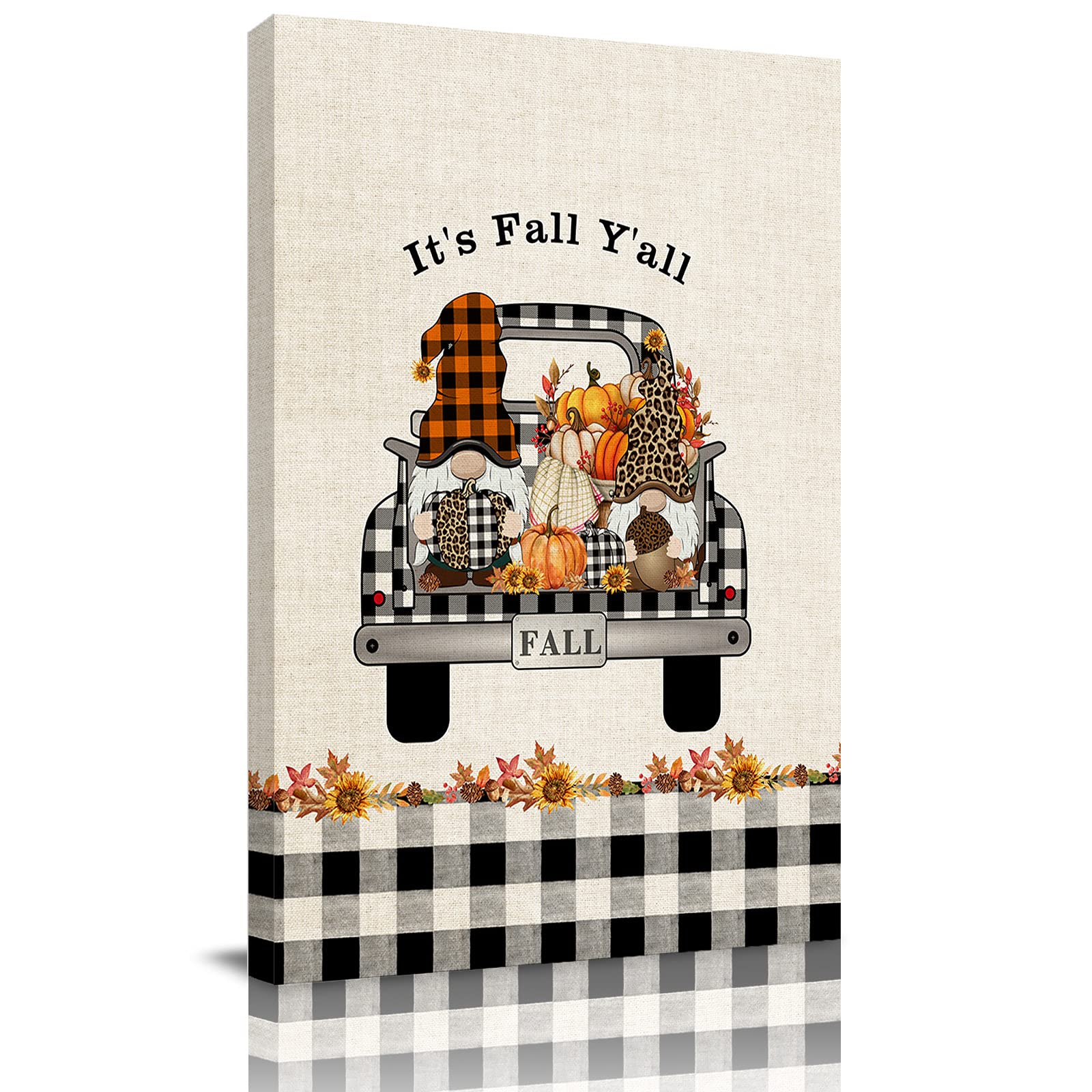 Fall Retro Thanksgiving Wall Art - Buffalo Plaid Leopard Gnome & Pumpkin Framed Canvas Print - Abstract Painting for Bedroom, Bathroom, Kitchen Decor - Ready to Hang Gift (12x18 Inches) - Perfect for Seasonal Home Styling & Holiday Gifts