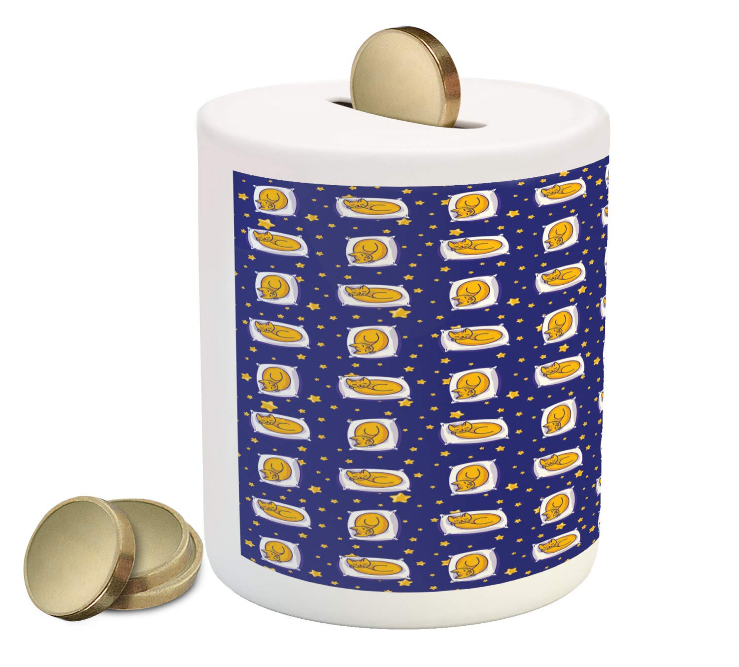 Ambesonne Ceramic Cat Piggy Bank - Sleeping Cats on Pillows with Starry Night Design, Money Saving Coin Bank for Cash & Coins (Earth Yellow, Royal Blue, White) - Perfect Gift for Cat Lovers & Kids Room Decor