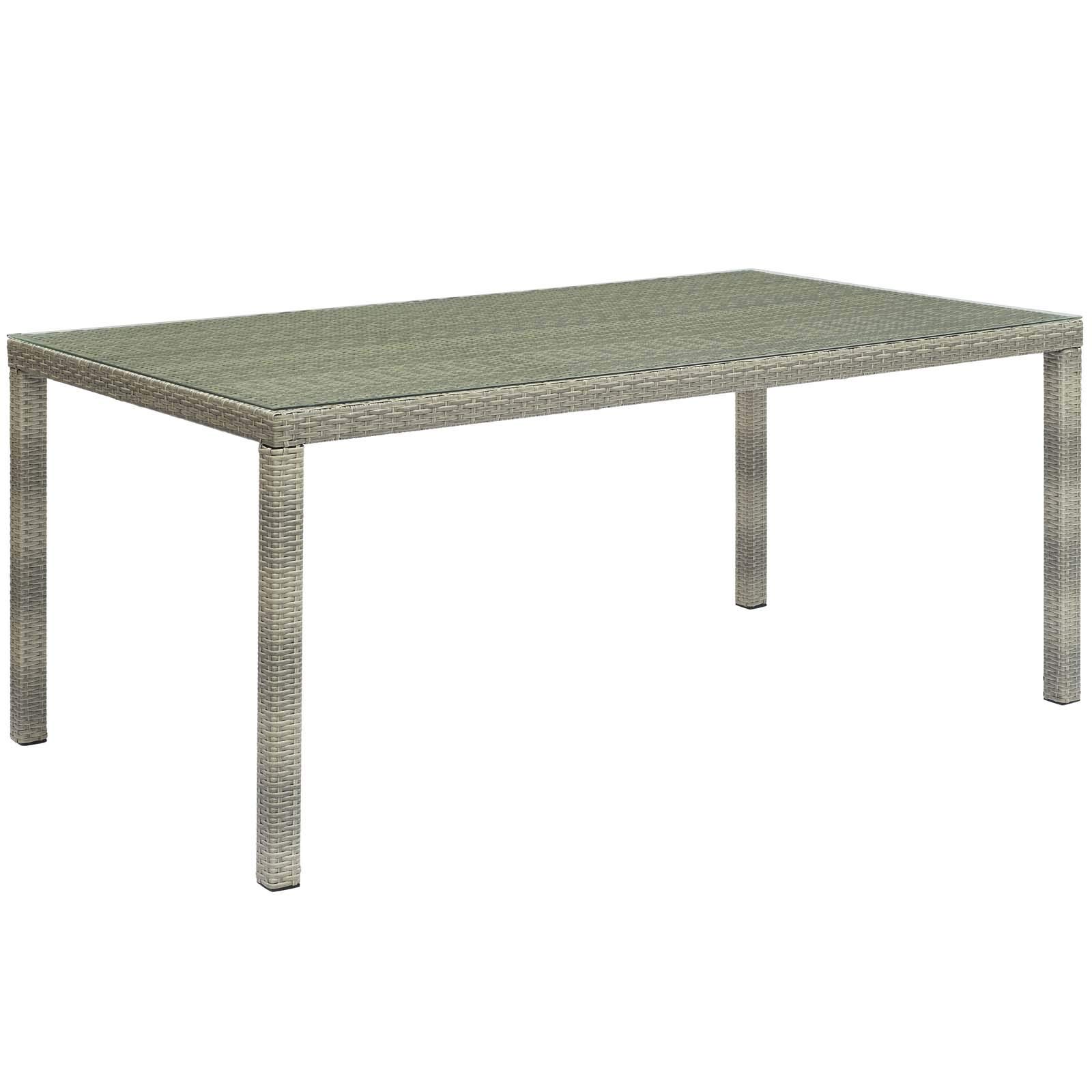 Modern Cool Outdoor Patio Lounge Dining Table Rectangular Light Grey Gray Glass Rattan Wicker - Perfect for Poolside, Garden, and Backyard Relaxation