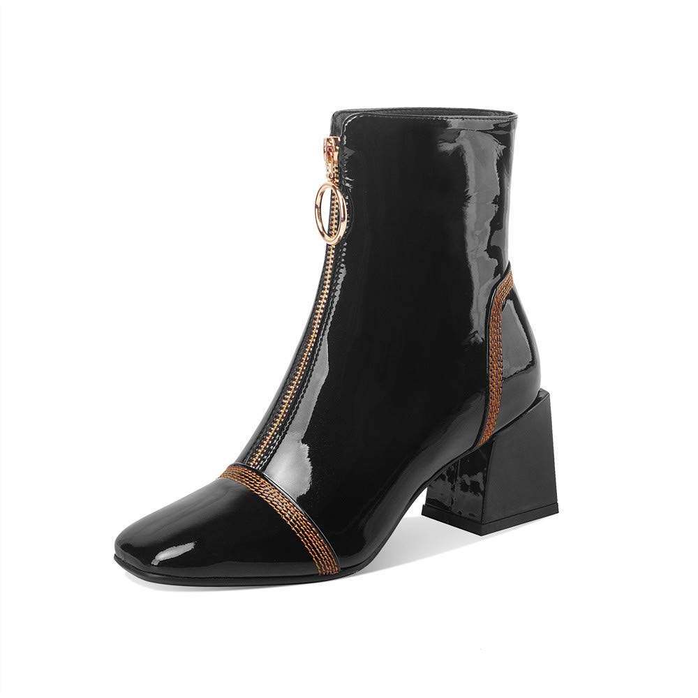 TinaCus Women's Fashion Patent Leather Ankle Boots - Square Toe, Front Zipper, Chunky Heel - Handmade Trendy Booties for Casual Outings & Office Wear
