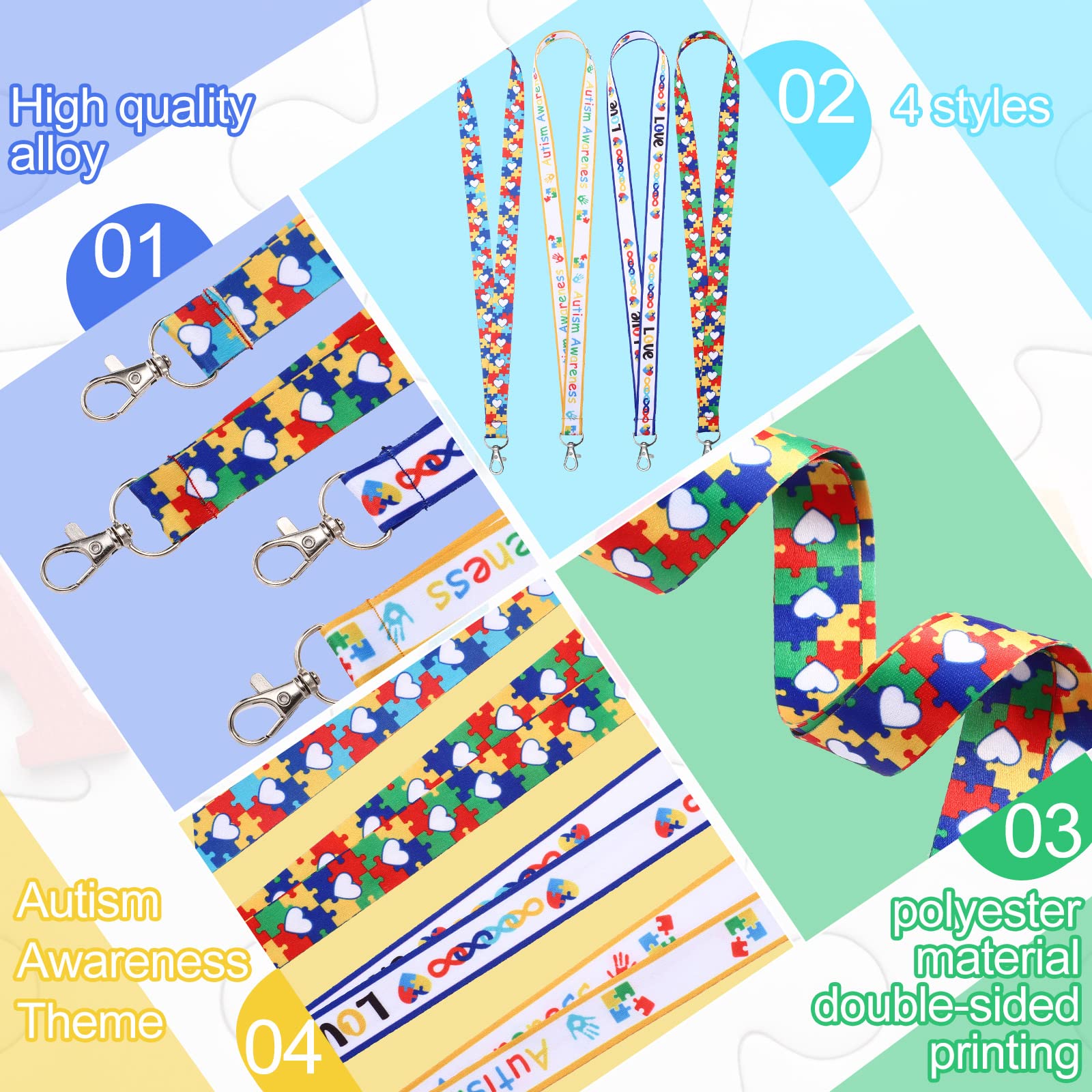 Autism Awareness Lanyard Set - 4 Puzzle Piece Keychains with ID Holders for School & Work