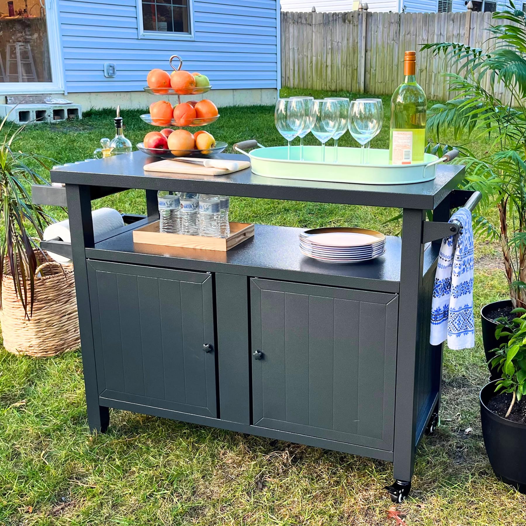 Premium Outdoor Grill Cart with Wheels - Heavy Duty Metal BBQ Prep Table, Kitchen Island & Dining Station for Patio, Backyard, Home Party & Bar Use (Grey) - Ideal for Grilling, Food Prep & Outdoor Entertaining