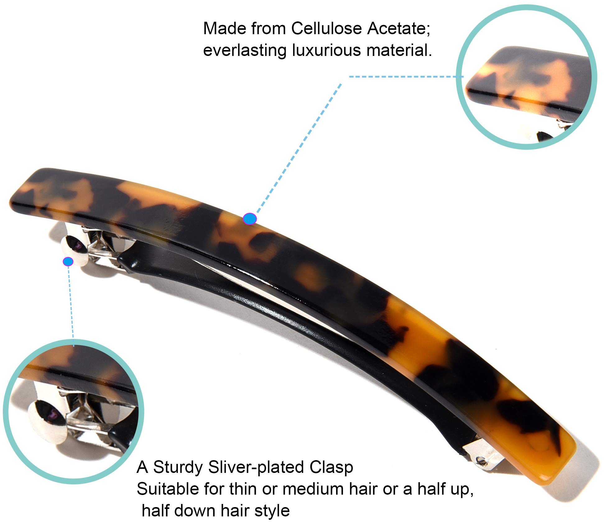 FSMILING Long Skinny Barrettes Hair Clips - Large Automatic Tortoise Shell Hair Slides for Women & Girls (4 Pack) - Perfect for School, Work & Special Occasions