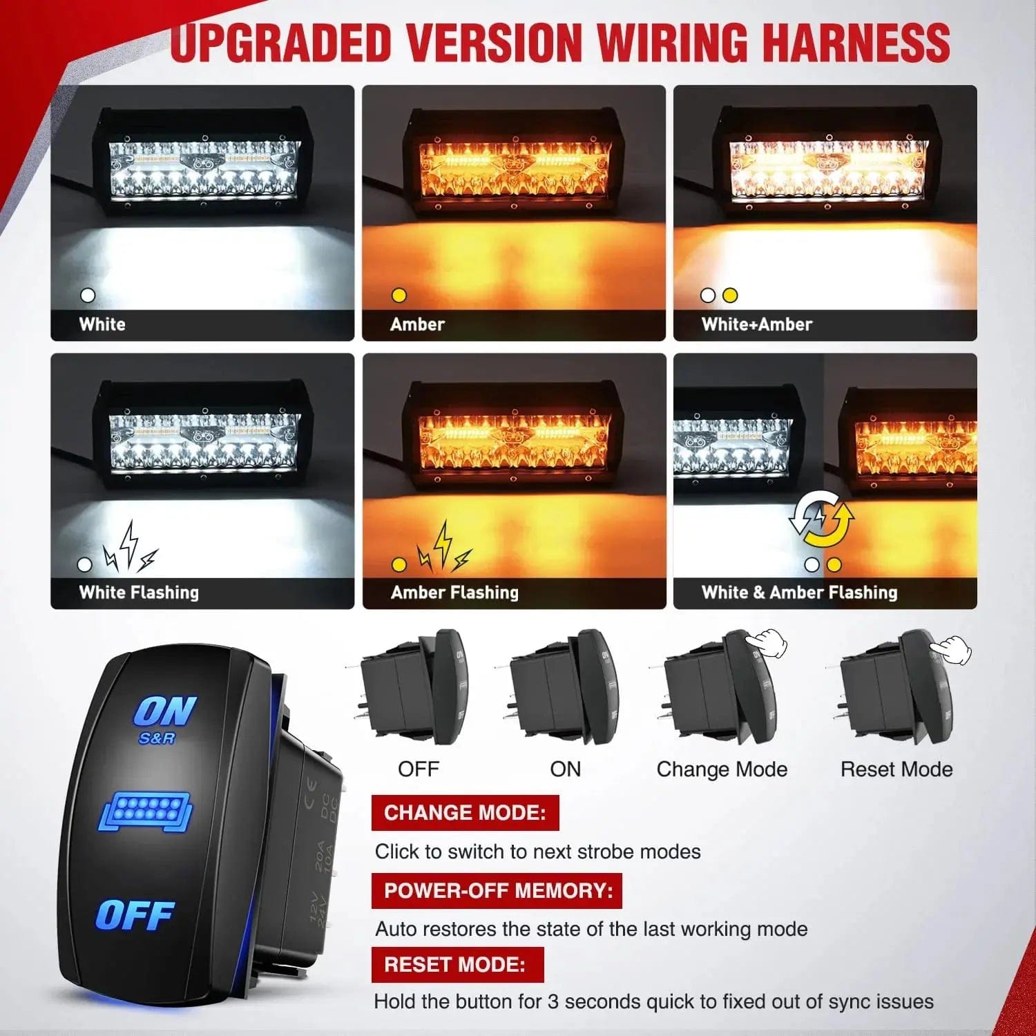 16AWG Amber White Light Bar Wire Harness Kit with 12V 8-Pin Switch, 2 Fuses & 6 Spade Connectors - Perfect for Off-Road, Truck, ATV, and Marine Lighting Installations