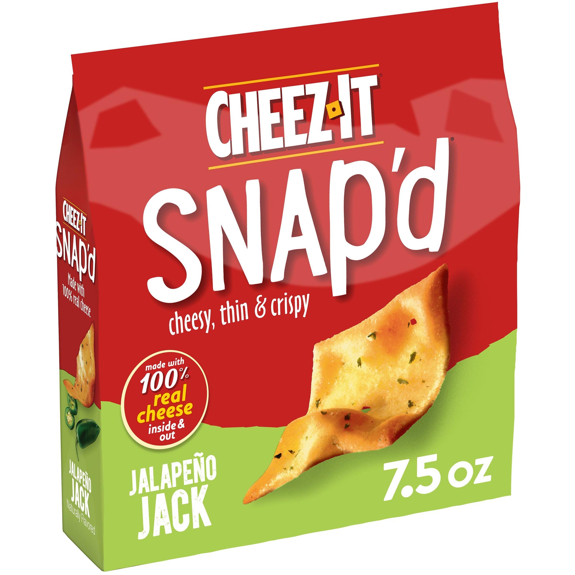 Cheez-It Snap'd Thin & Crispy Jalapeno Jack Cheese Crackers - 7.5oz Bag - Spicy Snack Chips for Lunch, Parties & On-the-Go Snacking - Crunchy Cheese Flavored Crisps Perfect for Movie Nights & Road Trips