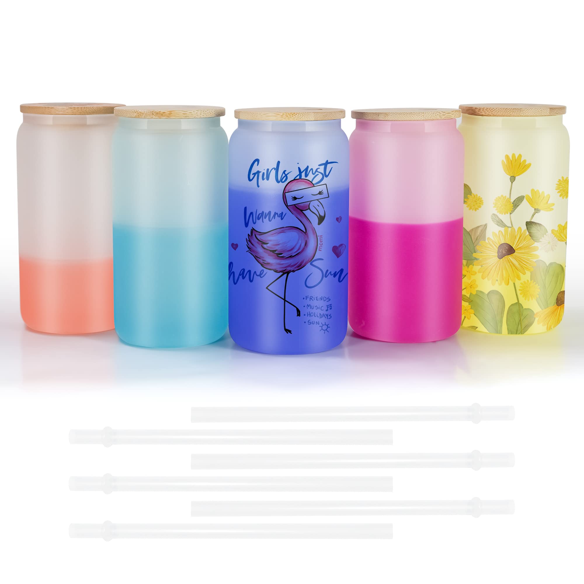 16oz Sublimation Glass Cups - Color Changing Beer Can Shaped Tumbler with Bamboo Lid & Straw (5-Pack) | BPA-Free, Dishwasher Safe | Perfect for Iced Coffee, Cocktails, and Outdoor Parties