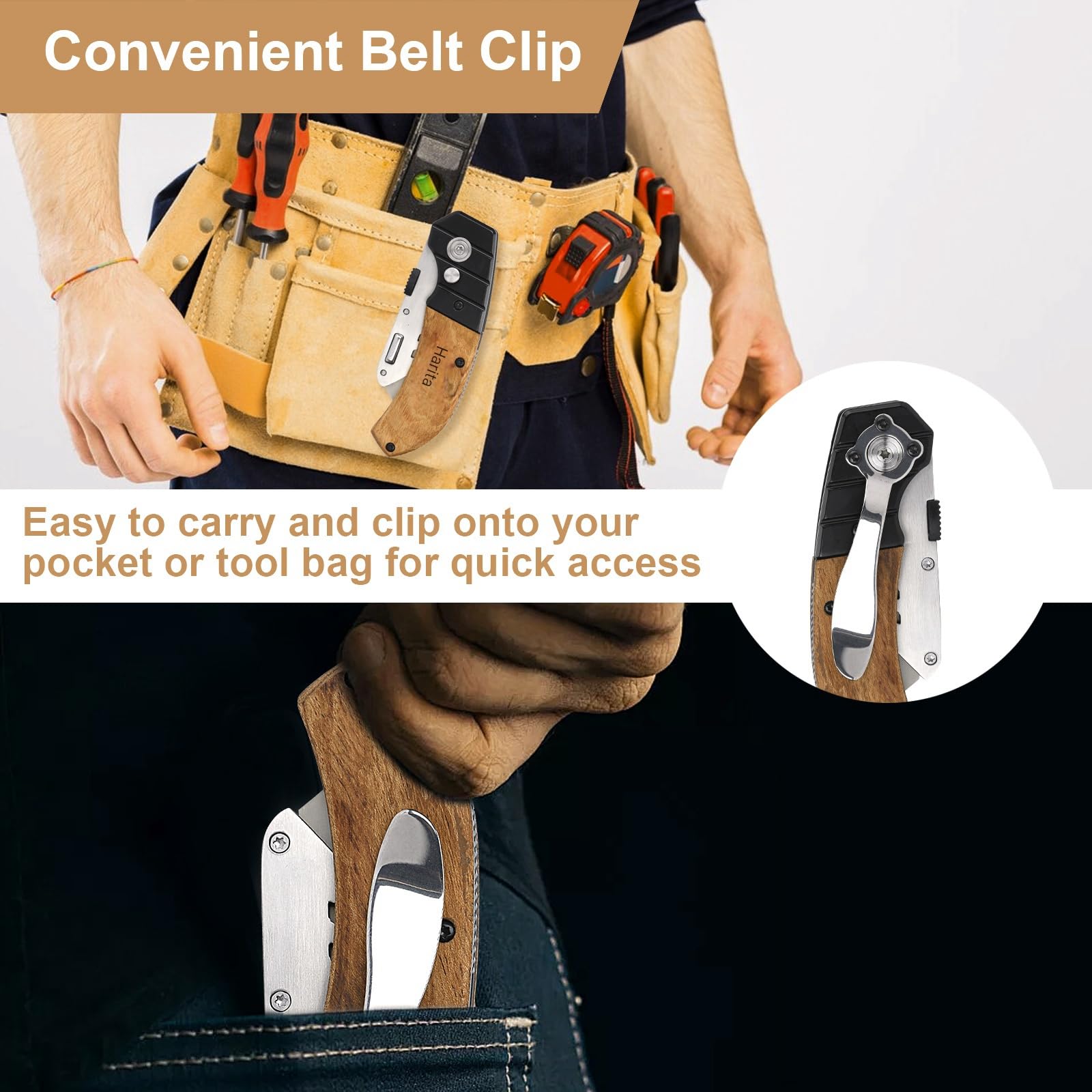 Harita Heavy Duty Utility Knife with Wood Handle - Quick-Change Safety Lock, Includes 5 Extra Blades & Belt Clip - Perfect for Construction, Warehouse, and DIY Projects