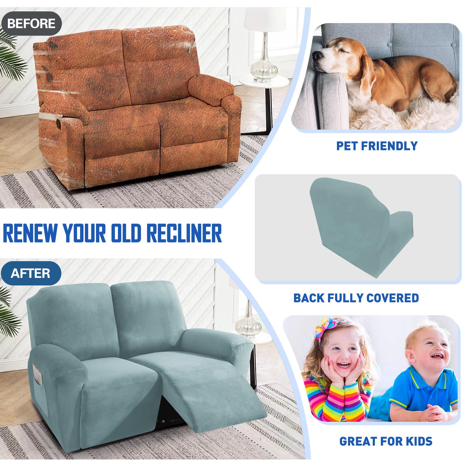 MAXIJIN 6-Piece Stretch Velvet Recliner Loveseat Slipcover - Soft Washable Furniture Cover for 2-Seater Reclining Sofa, Thick & Durable (Dusty Blue) - Perfect for Living Room, Home Theater & Family Room Protection