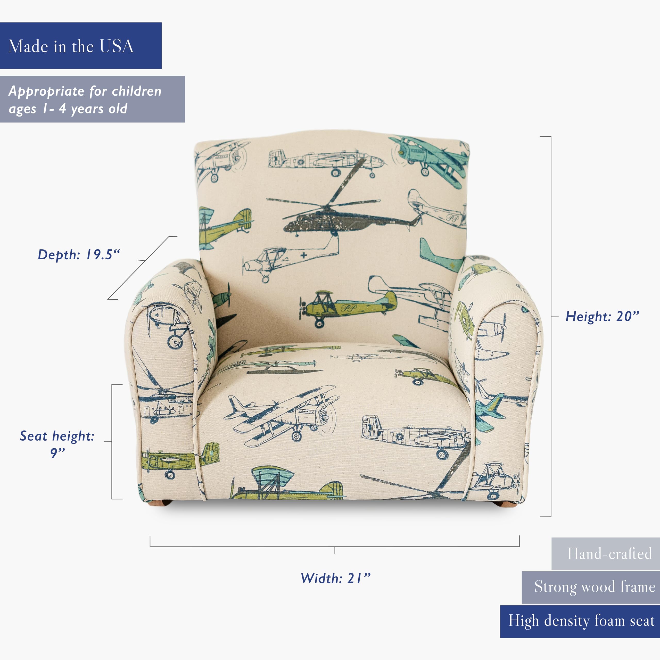 Personalized Kids Upholstered Rocking Chair with Name - Airplane Print Toddler Armchair for Nursery, Bedroom & Playroom - Comfy Personalized Children's Furniture Gift for Boys & Girls