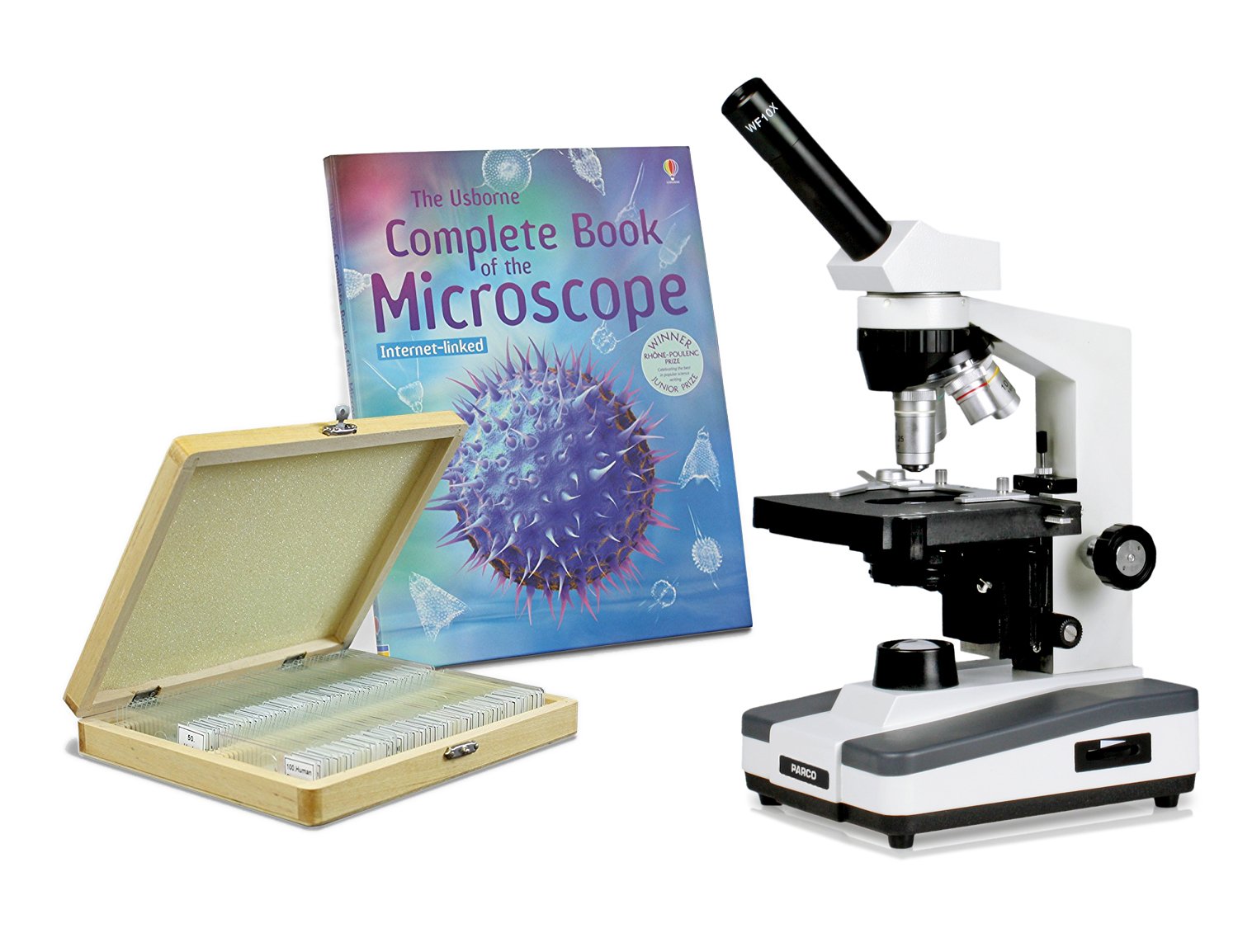 Parco Scientific Monocular Compound Microscope with 40x-1000x Magnification | LED Illumination & Mechanical Stage | Rechargeable Battery | Includes Microscope Book & 100 Prepared Slides Set | Perfect for Students, Homeschooling & Biology Labs