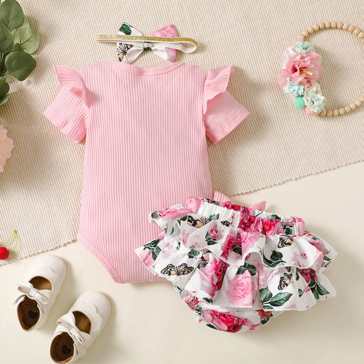 Adorable Baby Girl 3-Piece Outfit Set - Cute Matching Romper, Headband & Leggings | Perfect for Photoshoots, Birthday Parties & Daily Wear