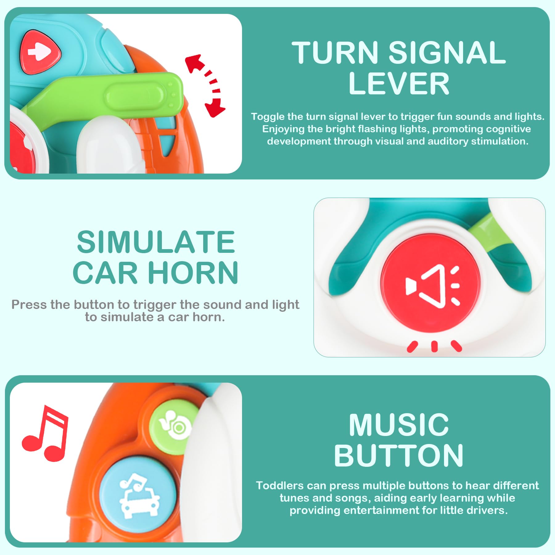Montessori Baby Sensory Learning Toys with Sound & Light - Interactive Steering Wheel Music Toy for Infants 6-18 Months - Toddler Travel Activity & Shower Gift for 1-3 Year Old Boys Girls - Perfect for Car Rides, Early Learning & Developmental Play