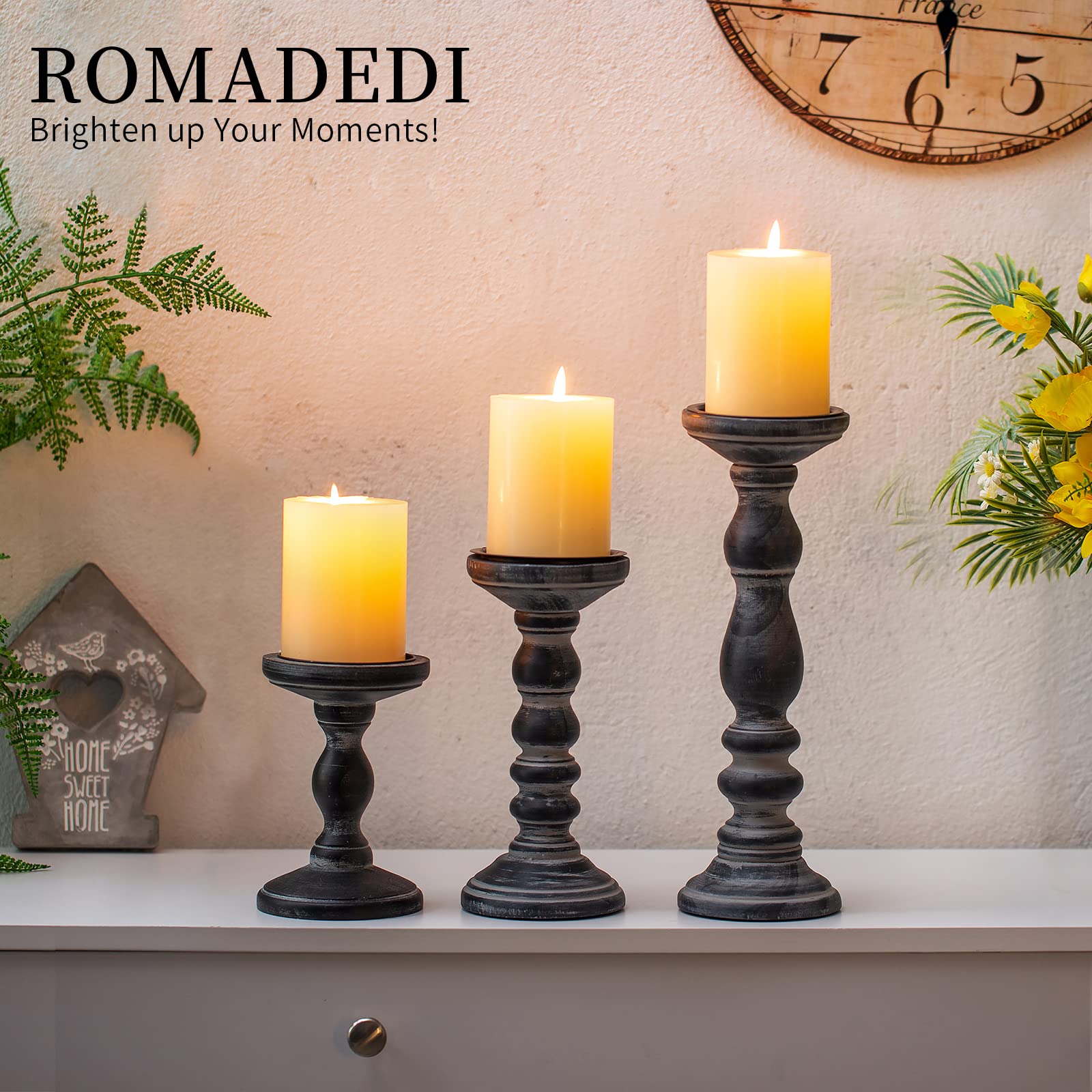 Romadedi Set of 3 Rustic Wooden Candle Holders for Pillar Candles - 6
