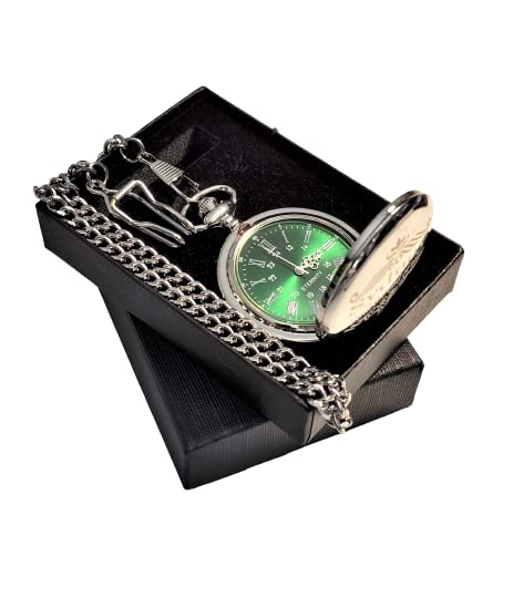 Vintage Silver Engraved Pocket Watch with Green Dial & Roman Numerals - Includes Chain, Fitted Box & Personalization - Perfect for Weddings, Anniversaries & Collectors