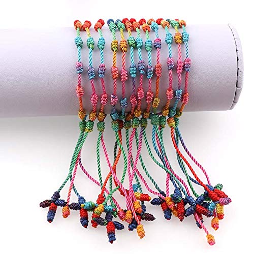 Handmade Multicolor Rope Knotted Cross Rosary Bracelets - 12 Pack Religious Gifts for Women & Men, Perfect for Prayer, Baptism, First Communion & Everyday Faith Jewelry