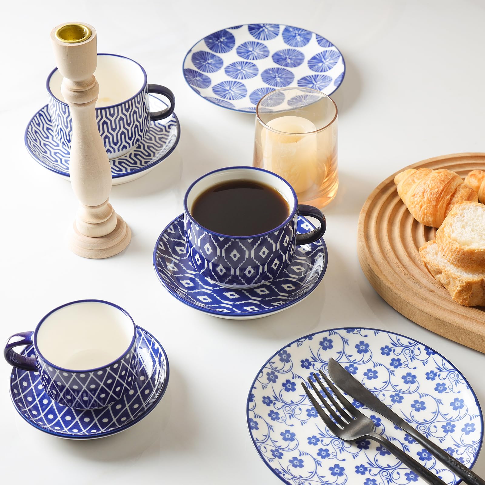 Selamica 8 oz Ceramic Cappuccino Cups with Saucers & Metal Stand - Stackable Espresso Coffee Mugs for Latte, Americano, Tea - Vintage Blue Coffee Cup Set of 4 - Perfect for Home, Cafe & Office Use
