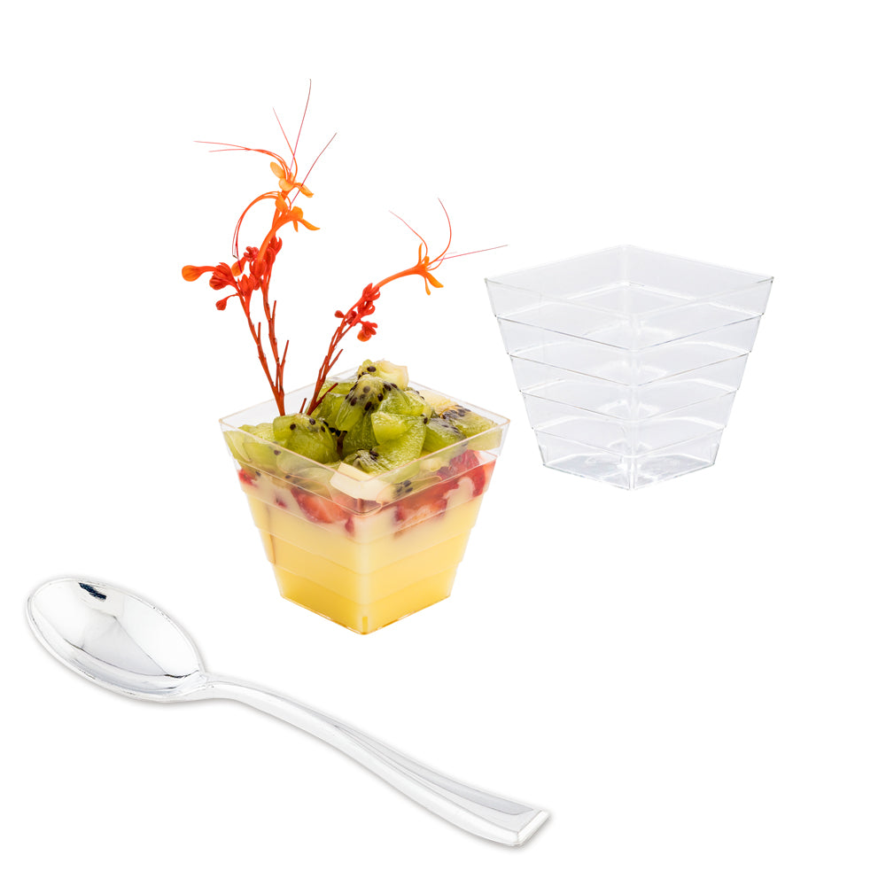 100 Pack 2 oz Square Clear Plastic Mini Apogee Kova Cups with 100 Silver Plastic Mini Spoons - Perfect for Parties, Weddings, and Dessert Tastings