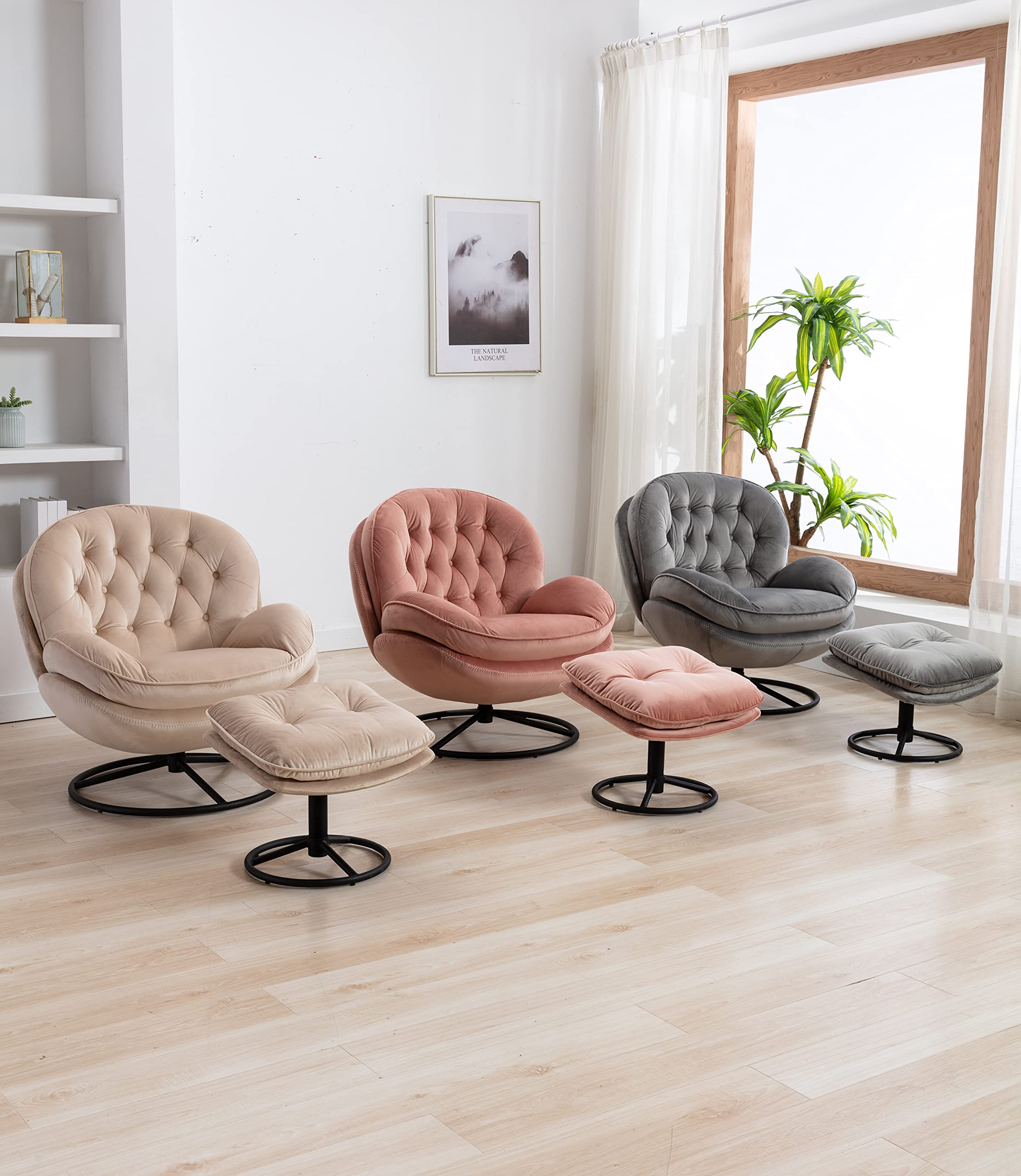 360° Swivel Accent Chair with Ottoman Set - Pink Modern Lounge Chair for Bedroom, Living Room & Office - 33.5