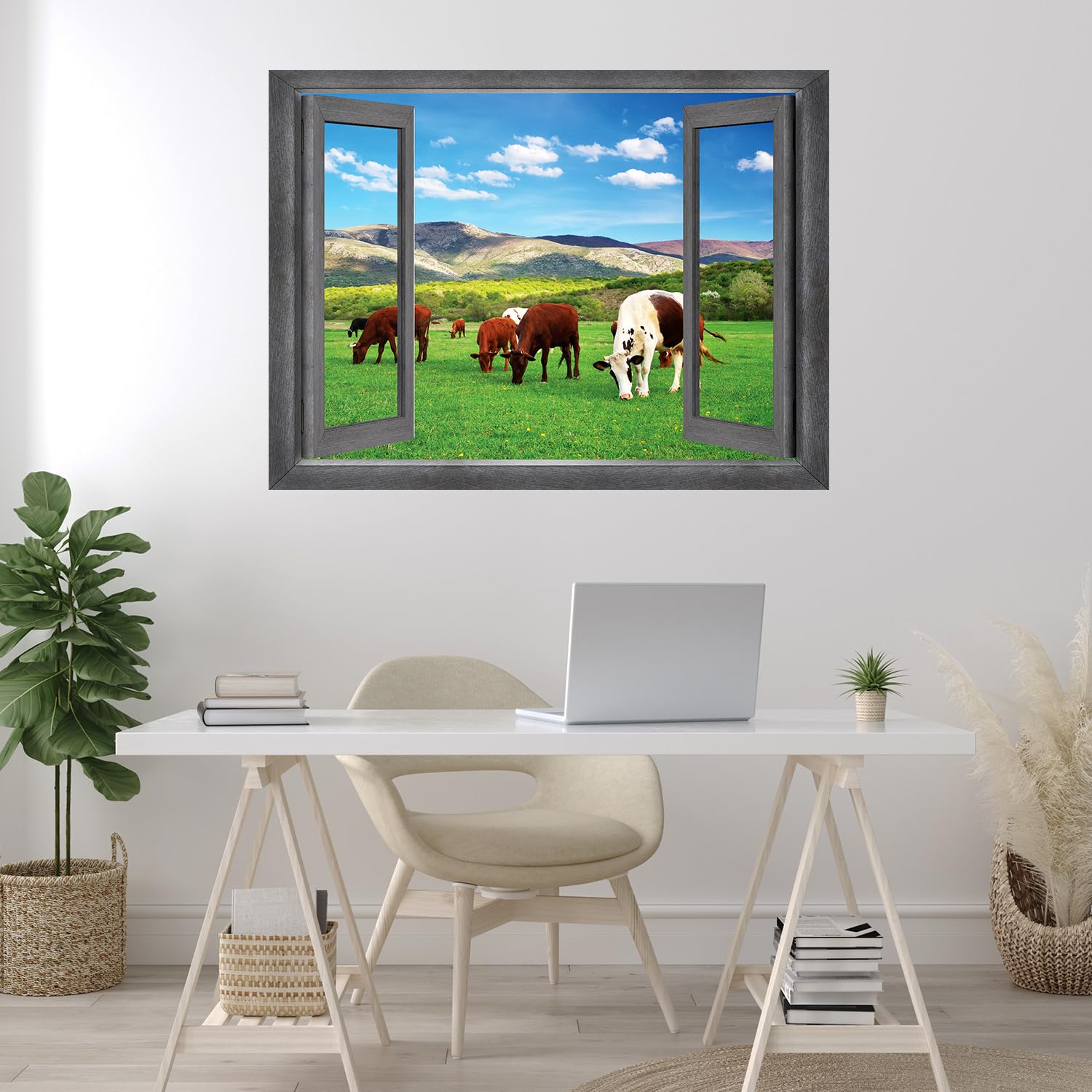 Open Window Creative Wall Decor - Cows Roaming in Field Mural, Removable Peel & Stick Wall Sticker, Farmhouse Home Decor - 24x32 inches - Perfect for Living Room, Bedroom, Nursery & Office