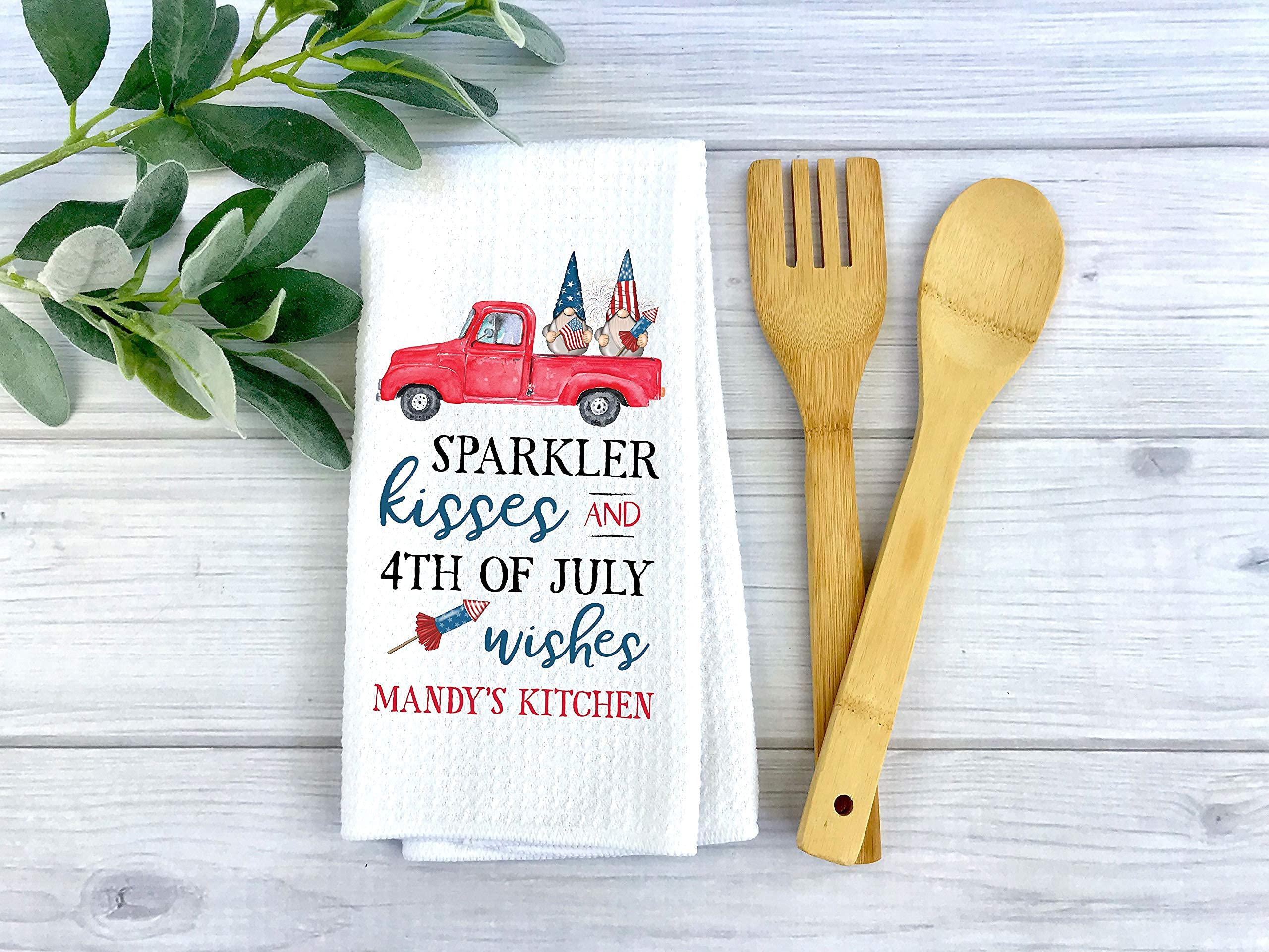 Personalized Sparklers Kisses and 4th of July Wishes Kitchen Towel - Custom Waffle Weave Holiday Towel for Independence Day Decor, Summer Kitchen Accessories | Perfect for Patriotic Parties, BBQ Gatherings & Home Decoration