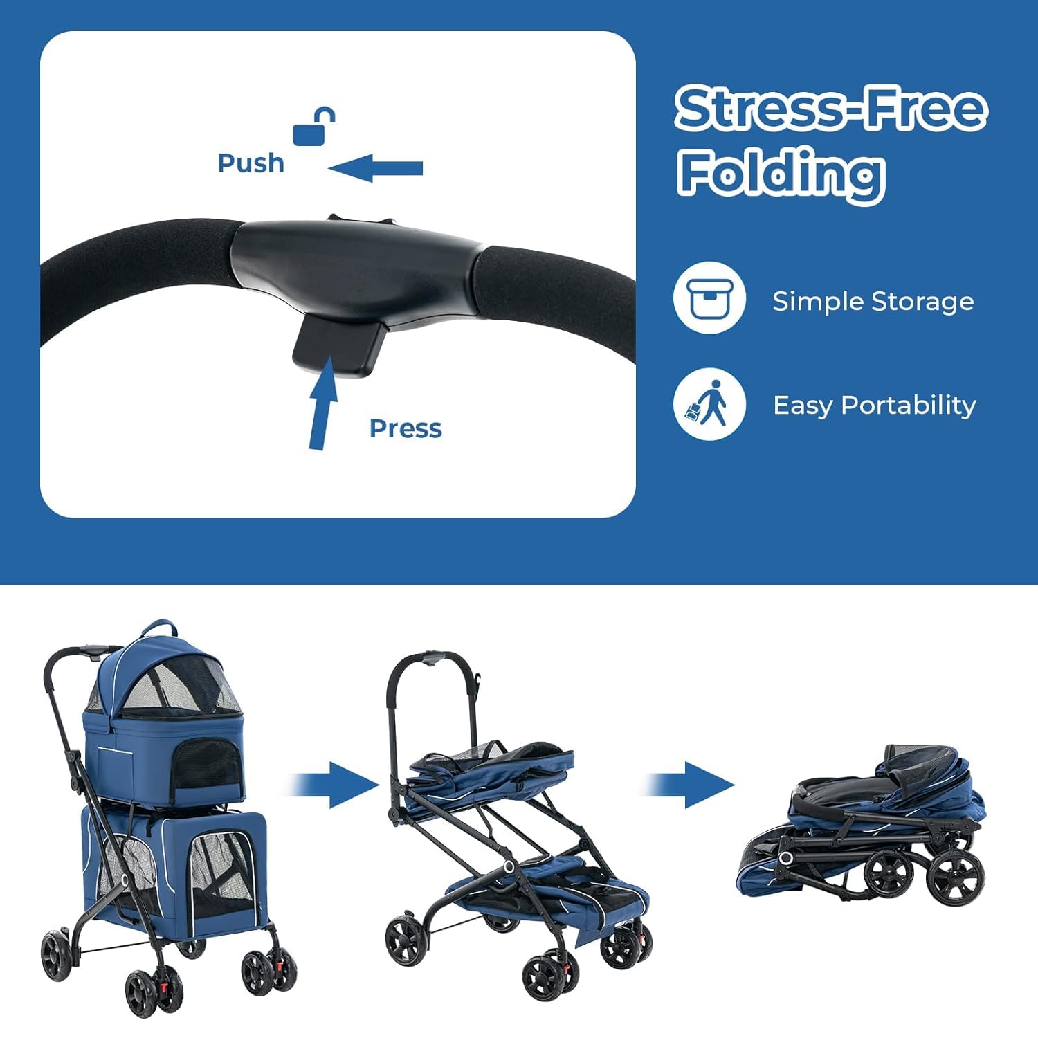 Premium 3-in-1 Double Dog Stroller with 2 Detachable Carriers | Safety Belt, Washable Cover & Removable Pads | 4-Wheel Design for Small & Medium Dogs | Perfect for Walking, Shopping & Vet Visits (Blue)