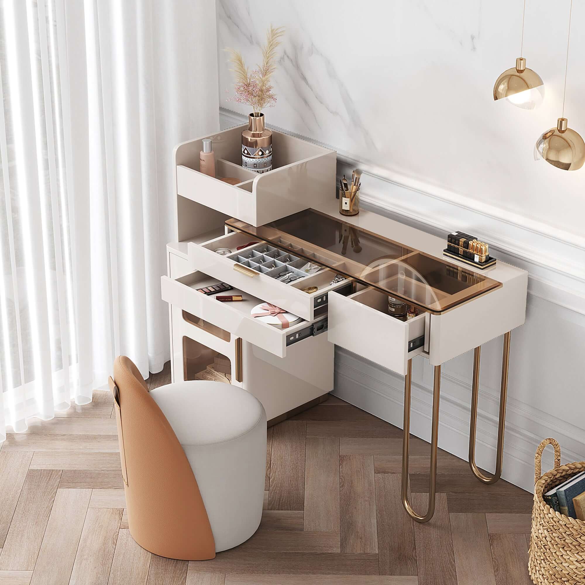 White Makeup Vanity Table with Glass Top, Open Storage Compartment, Drawers & Cabinet - Perfect for Bedroom, Dressing Room & Beauty Salon Organization