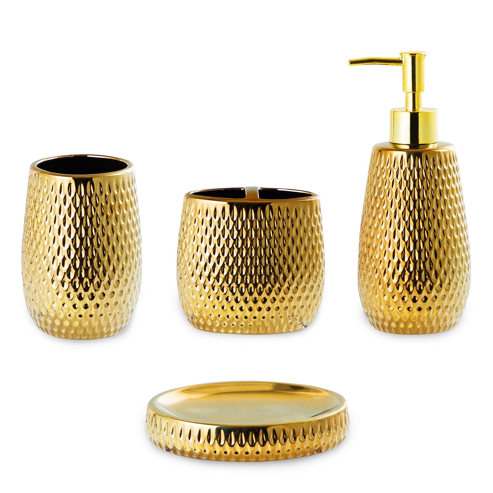Premium 4-Piece Ceramic Bathroom Accessory Set - Gold Raindrop Design Toothbrush Holder, Soap Dispenser, Tumbler & Dish | Modern Bath Decor Essentials for Home, Apartment & Guest Bathrooms