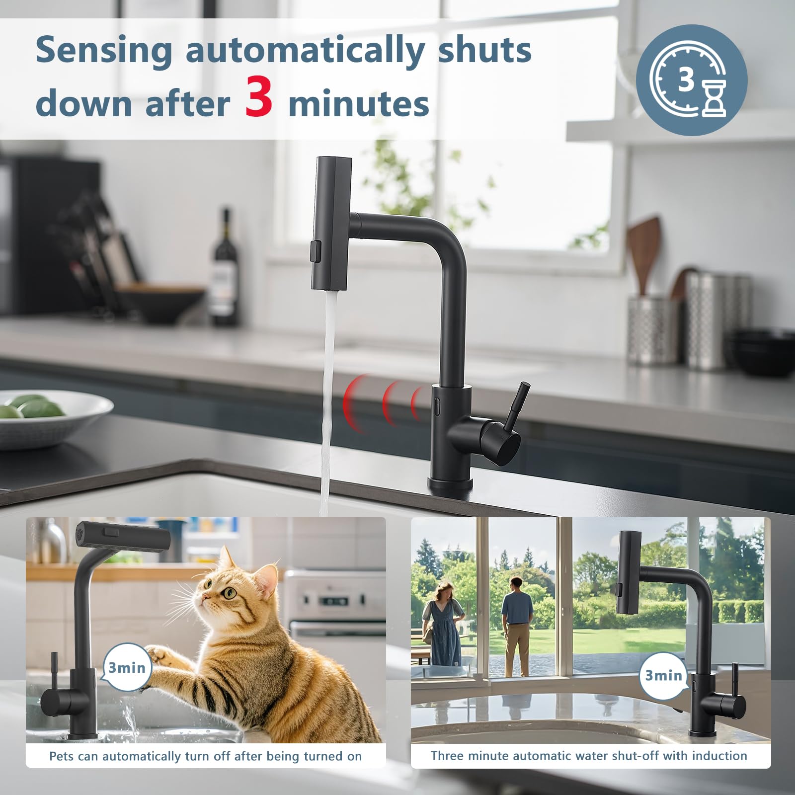 GIMILI Black Touchless Kitchen Faucet with Pull Down Sprayer - Single Hole Modern Waterfall Commercial Sink Faucet - Perfect for Restaurants, Hotels & Luxury Home Kitchens