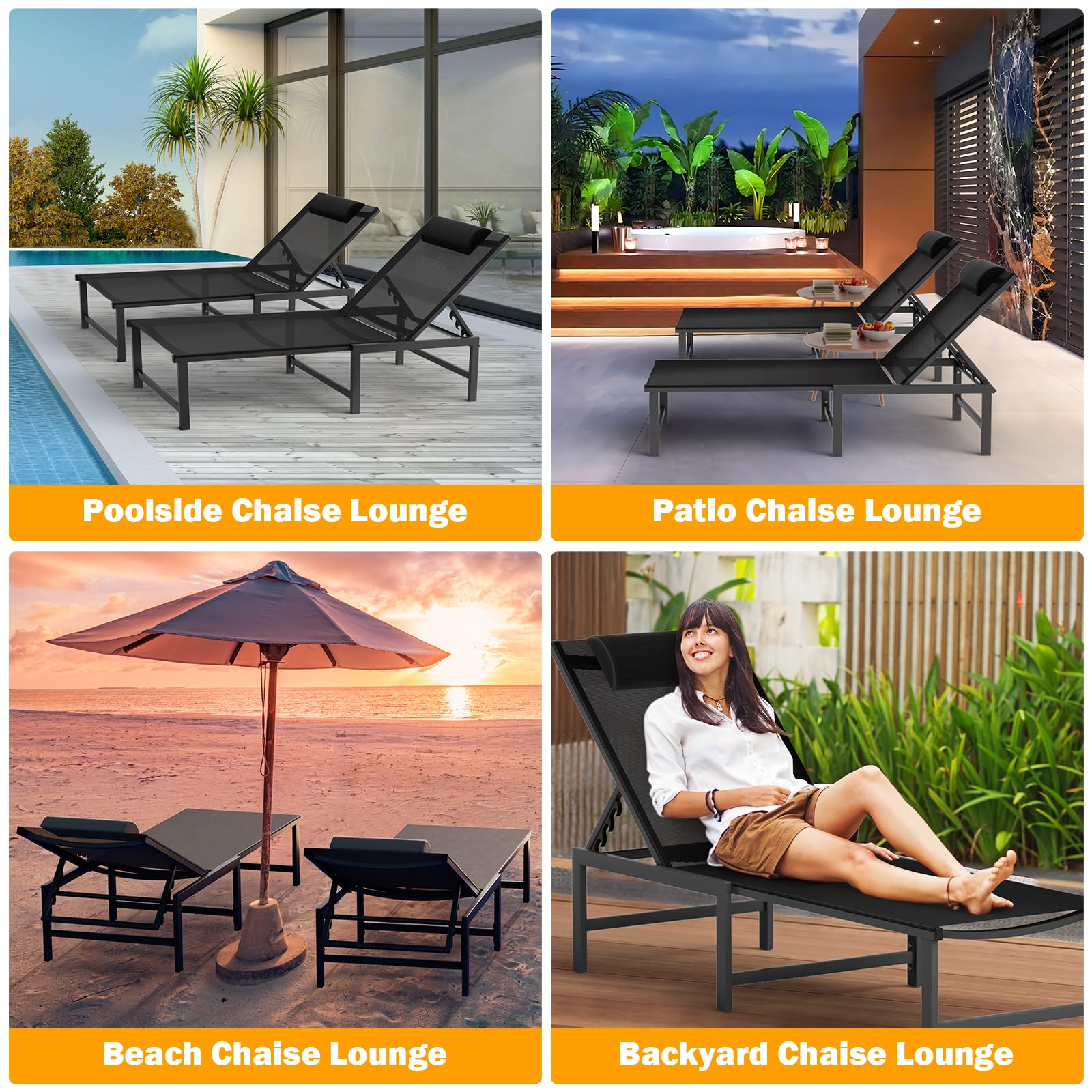 Adjustable Outdoor Chaise Lounge Chair with Headrest - 5-Position Reclining Patio Chair for Poolside, Beach & Backyard - Durable Aluminum Frame with Weather-Resistant Black Finish